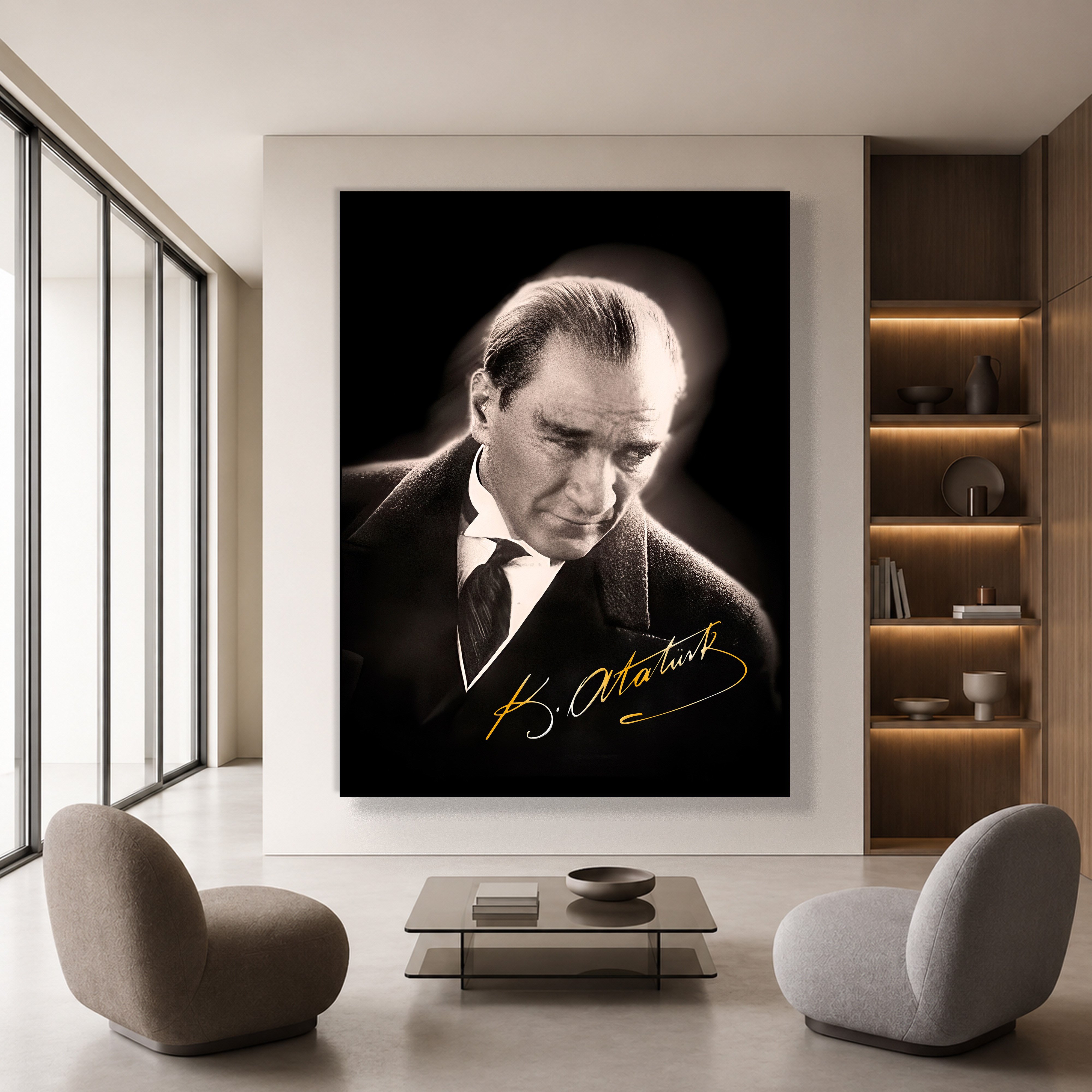 Mustafa Kemal Atatürk Gold İmzalı Siyah Portre Kanvas Tablo – Premium HD Baskı