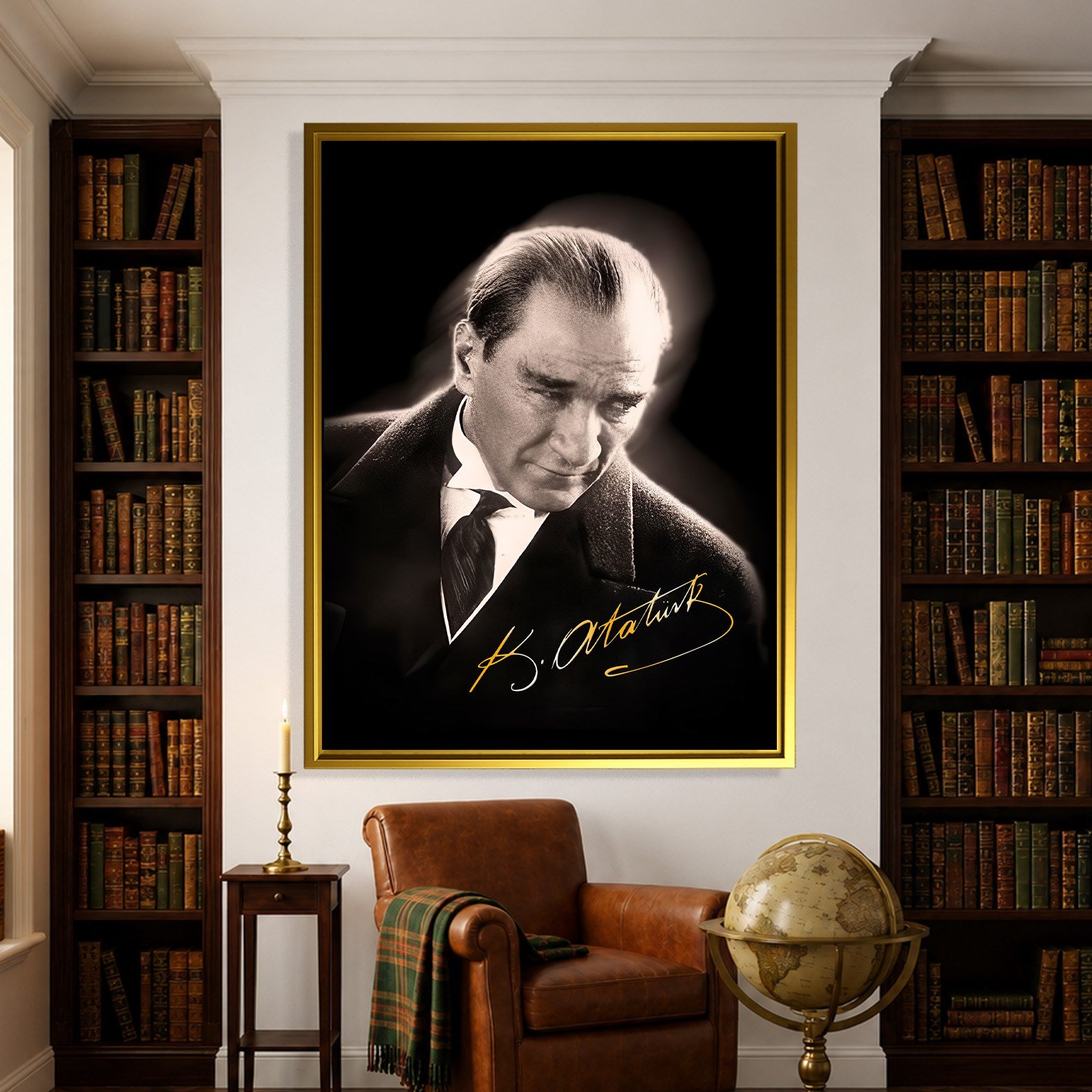 Mustafa Kemal Atatürk Gold İmzalı Siyah Portre Kanvas Tablo – Premium HD Baskı