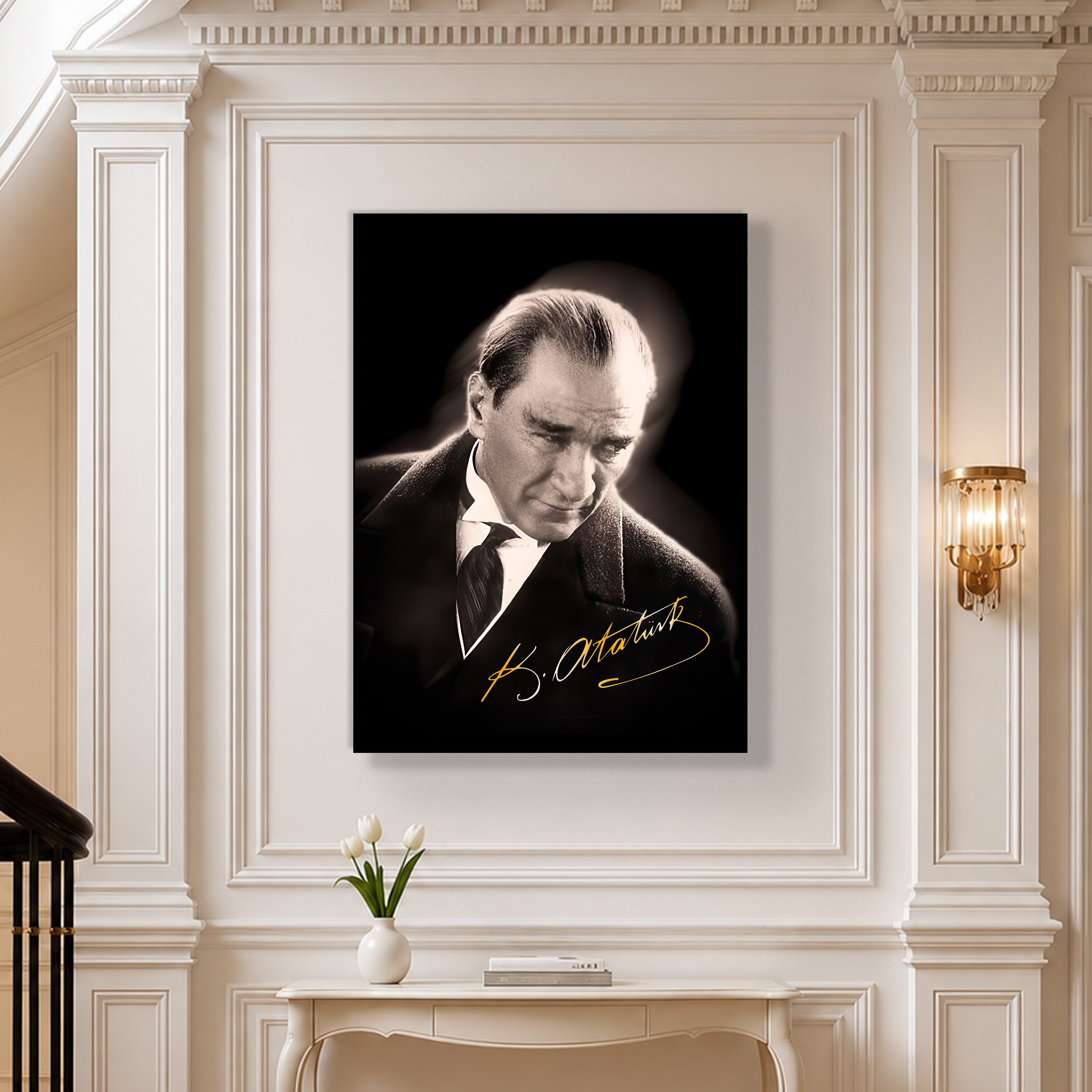 Mustafa Kemal Atatürk Gold İmzalı Siyah Portre Kanvas Tablo – Premium HD Baskı
