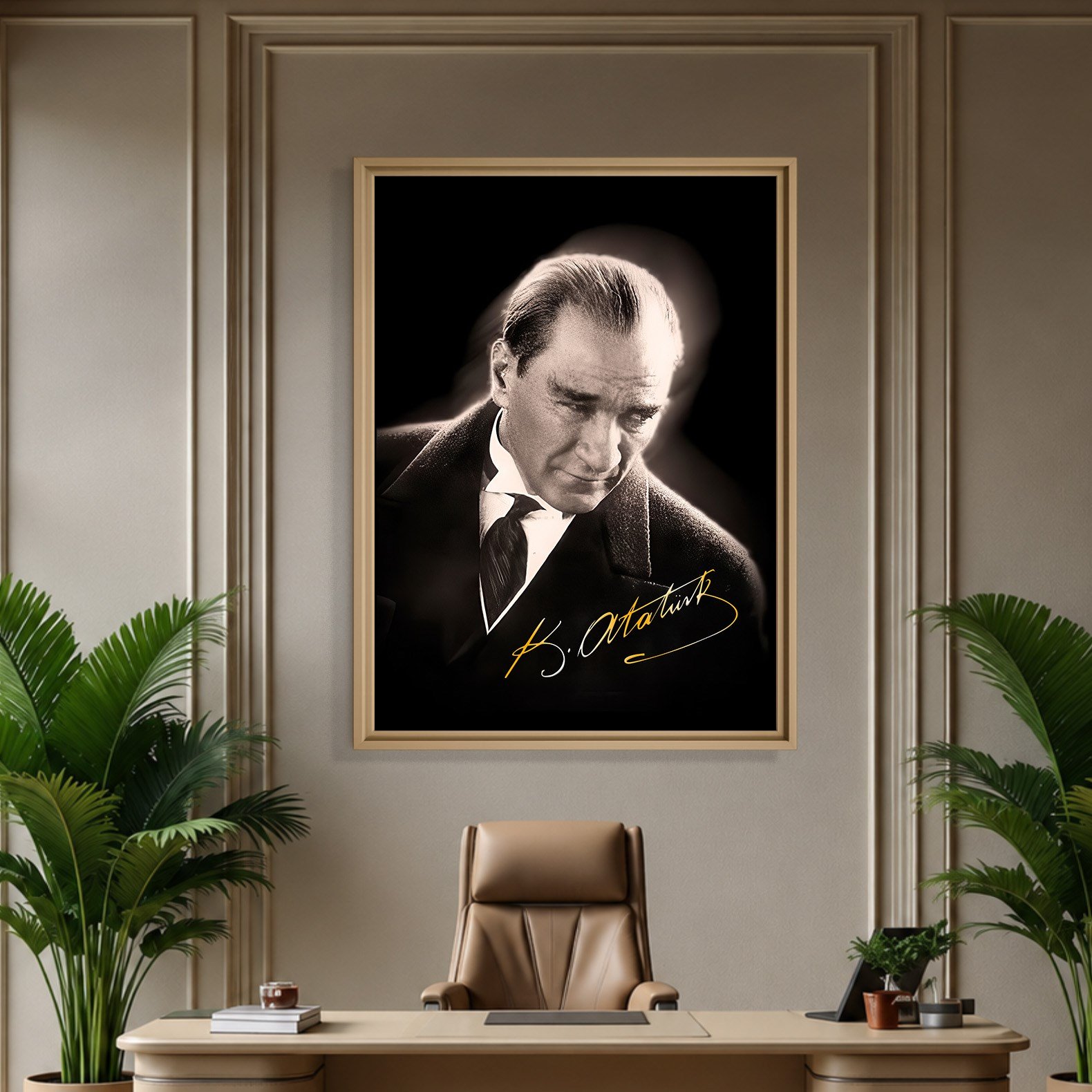 Mustafa Kemal Atatürk Gold İmzalı Siyah Portre Kanvas Tablo – Premium HD Baskı