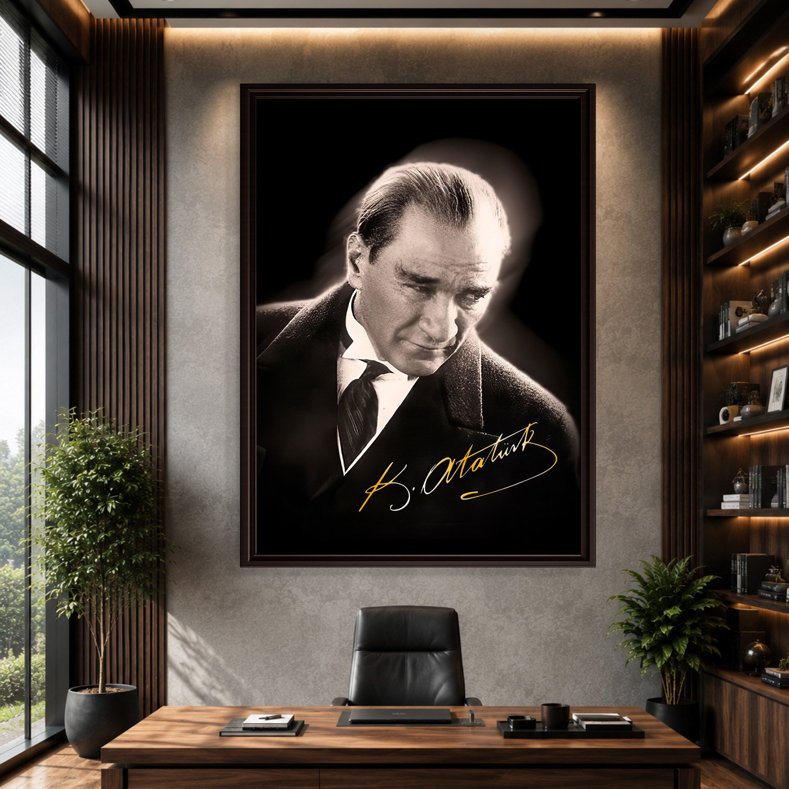 Mustafa Kemal Atatürk Gold İmzalı Siyah Portre Kanvas Tablo – Premium HD Baskı