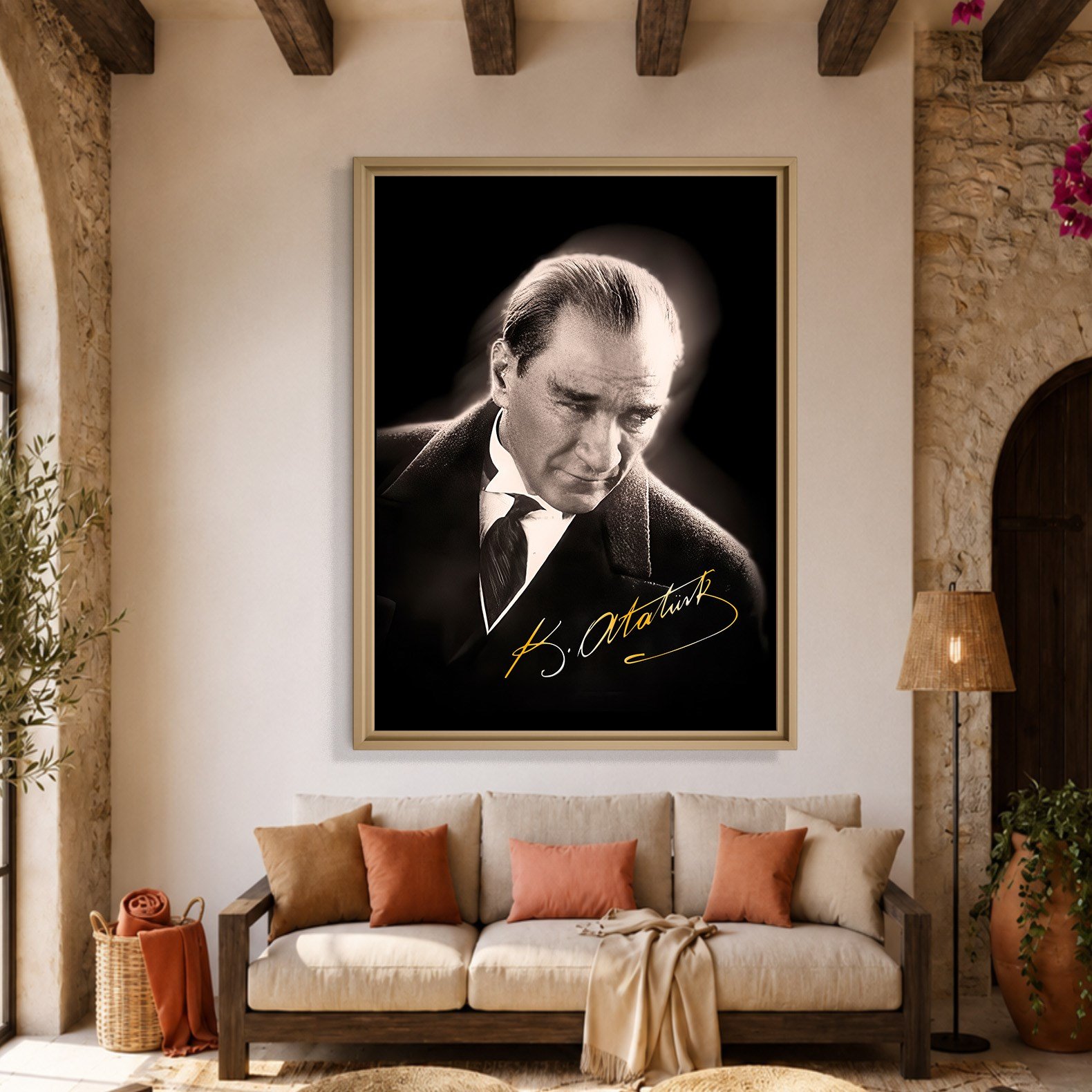 Mustafa Kemal Atatürk Gold İmzalı Siyah Portre Kanvas Tablo – Premium HD Baskı