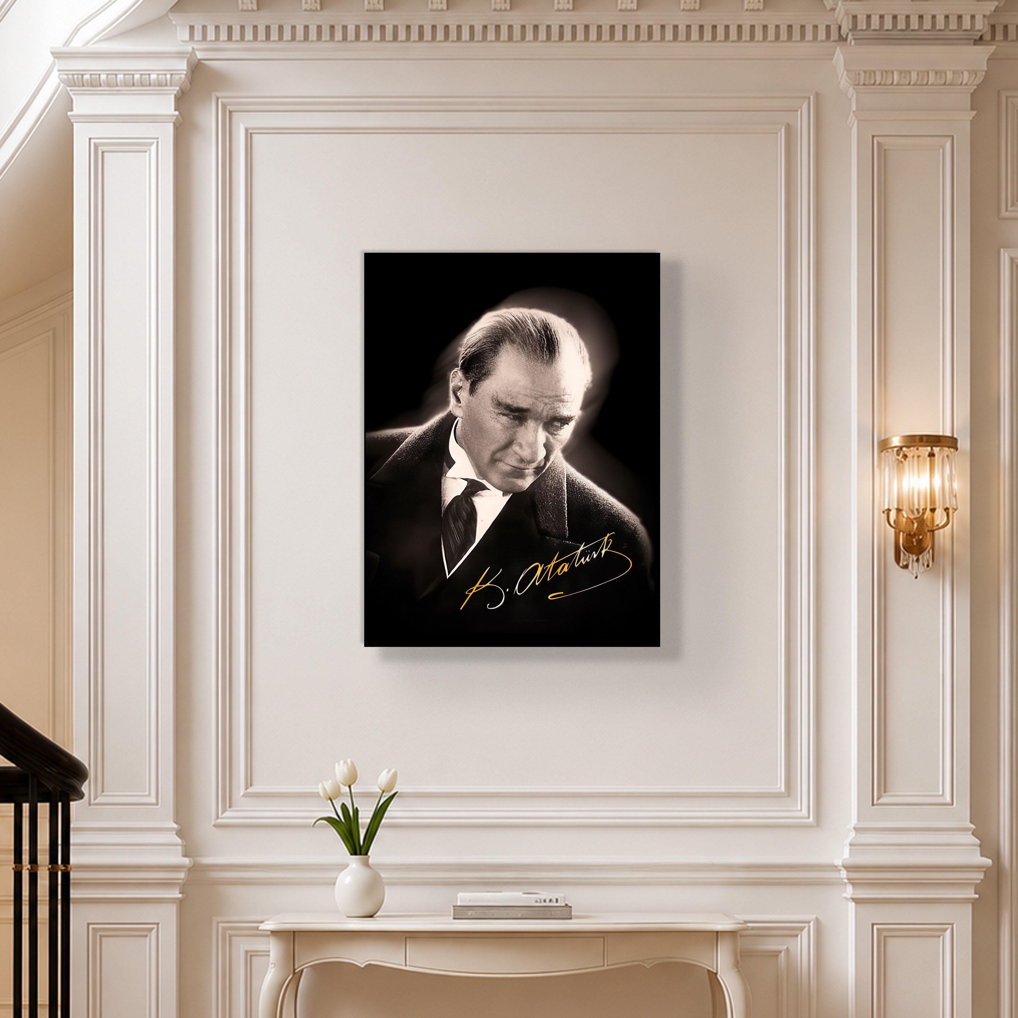 Mustafa Kemal Atatürk Gold İmzalı Siyah Portre Kanvas Tablo – Premium HD Baskı
