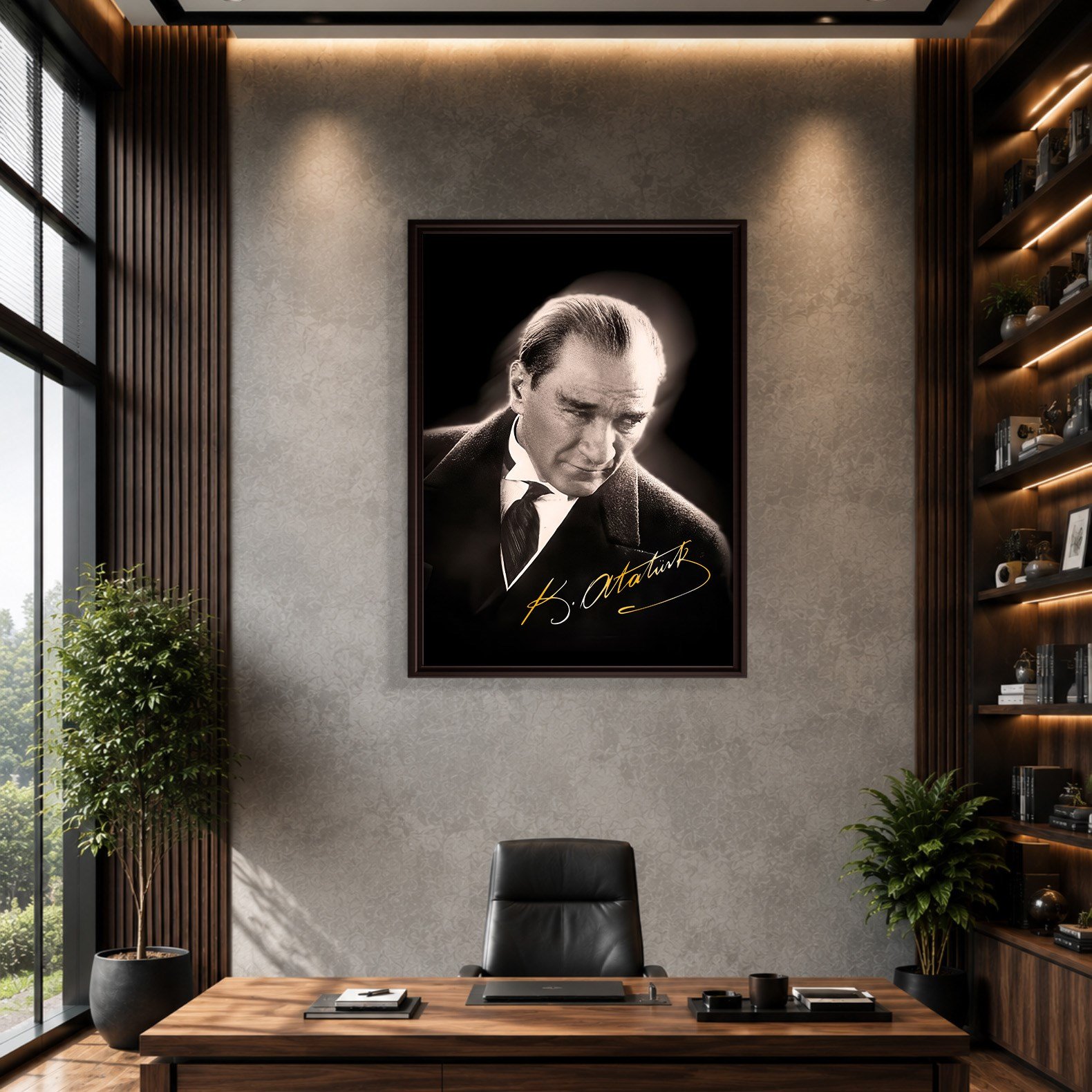 Mustafa Kemal Atatürk Gold İmzalı Siyah Portre Kanvas Tablo – Premium HD Baskı