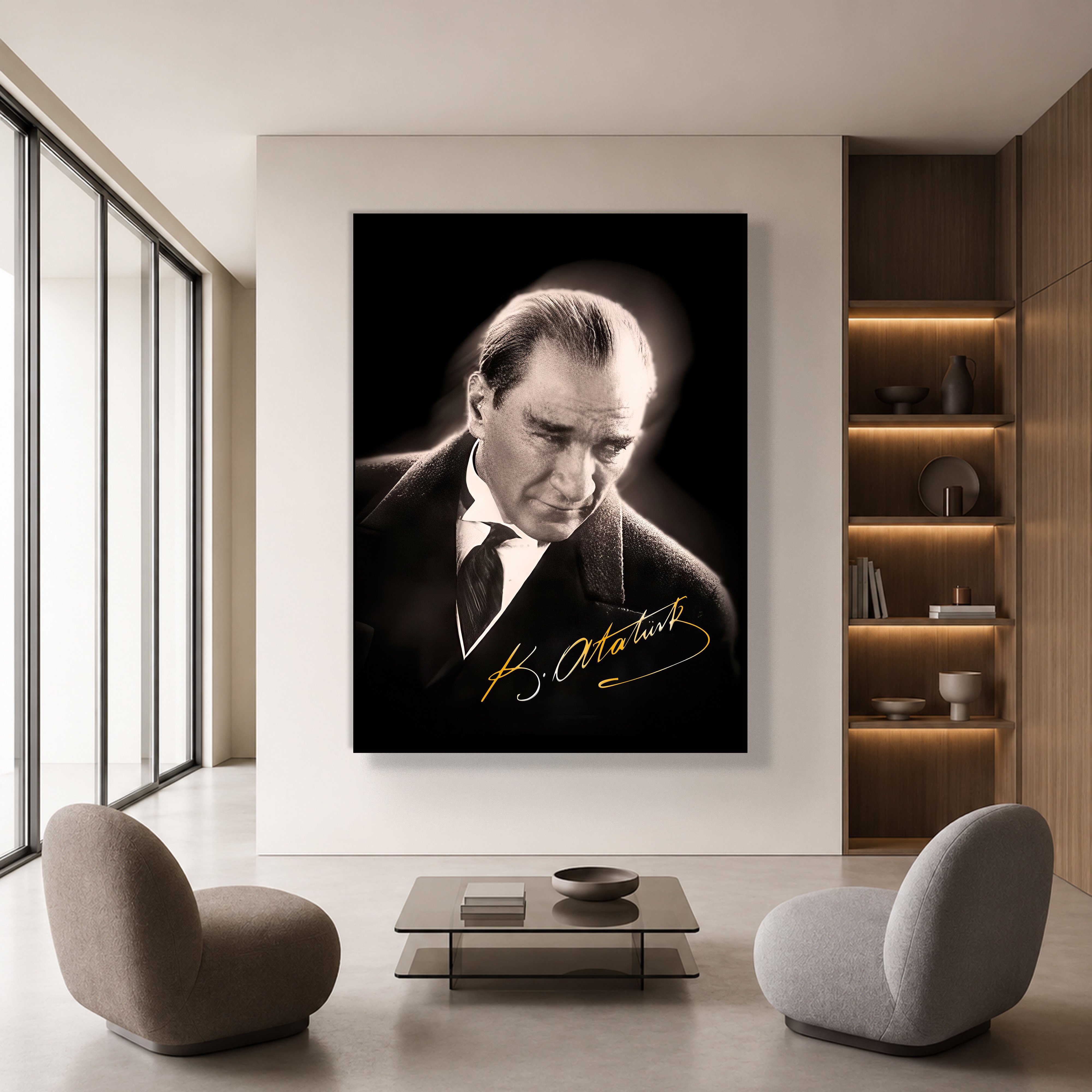 Mustafa Kemal Atatürk Gold İmzalı Siyah Portre Kanvas Tablo – Premium HD Baskı