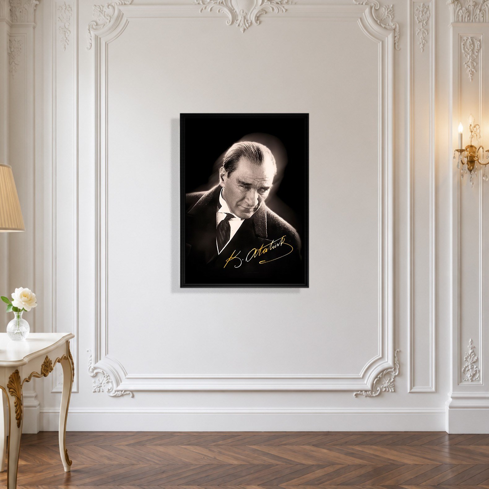 Mustafa Kemal Atatürk Gold İmzalı Siyah Portre Kanvas Tablo – Premium HD Baskı