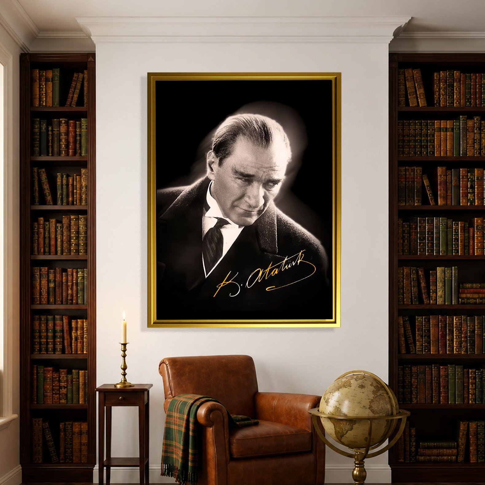 Mustafa Kemal Atatürk Gold İmzalı Siyah Portre Kanvas Tablo – Premium HD Baskı