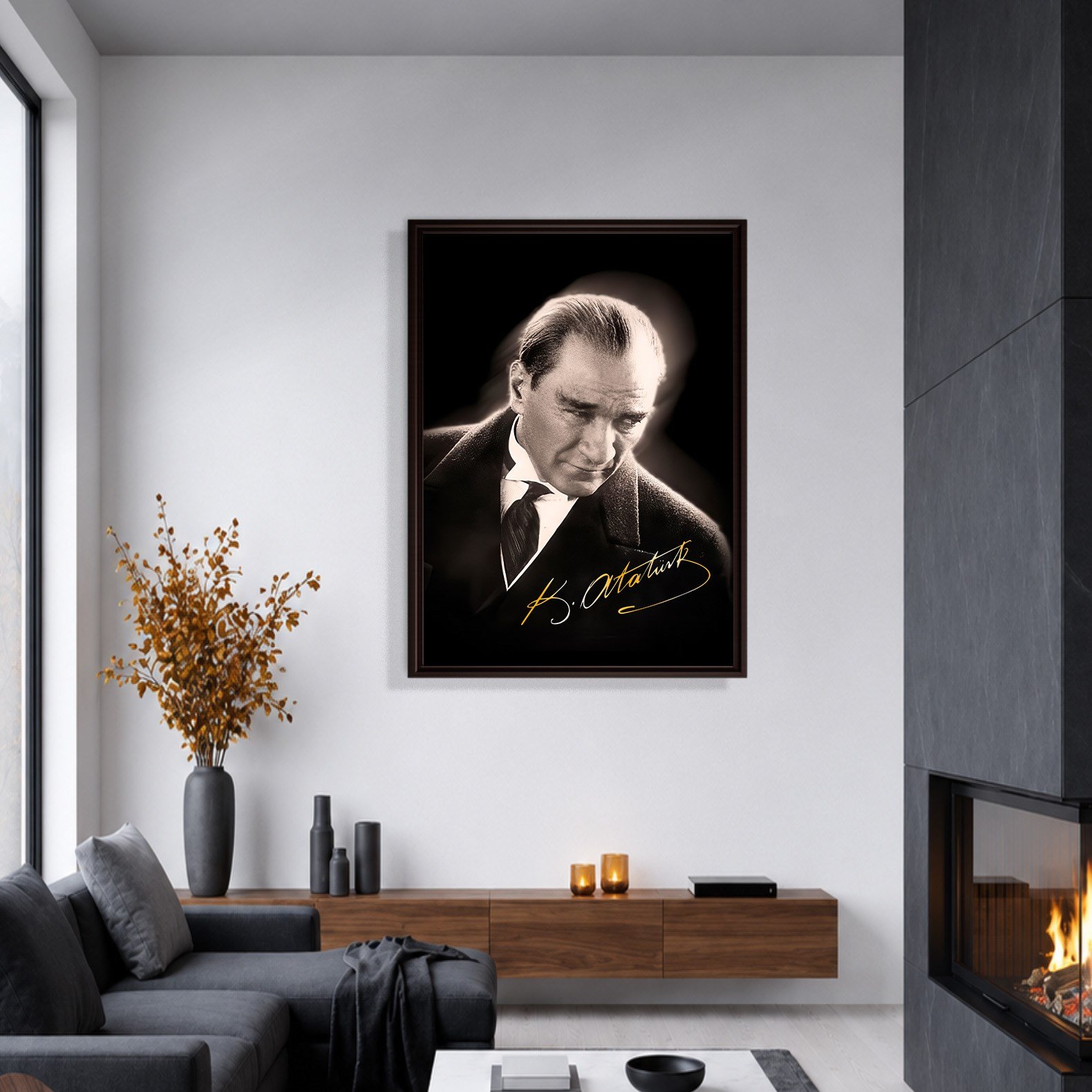 Mustafa Kemal Atatürk Gold İmzalı Siyah Portre Kanvas Tablo – Premium HD Baskı