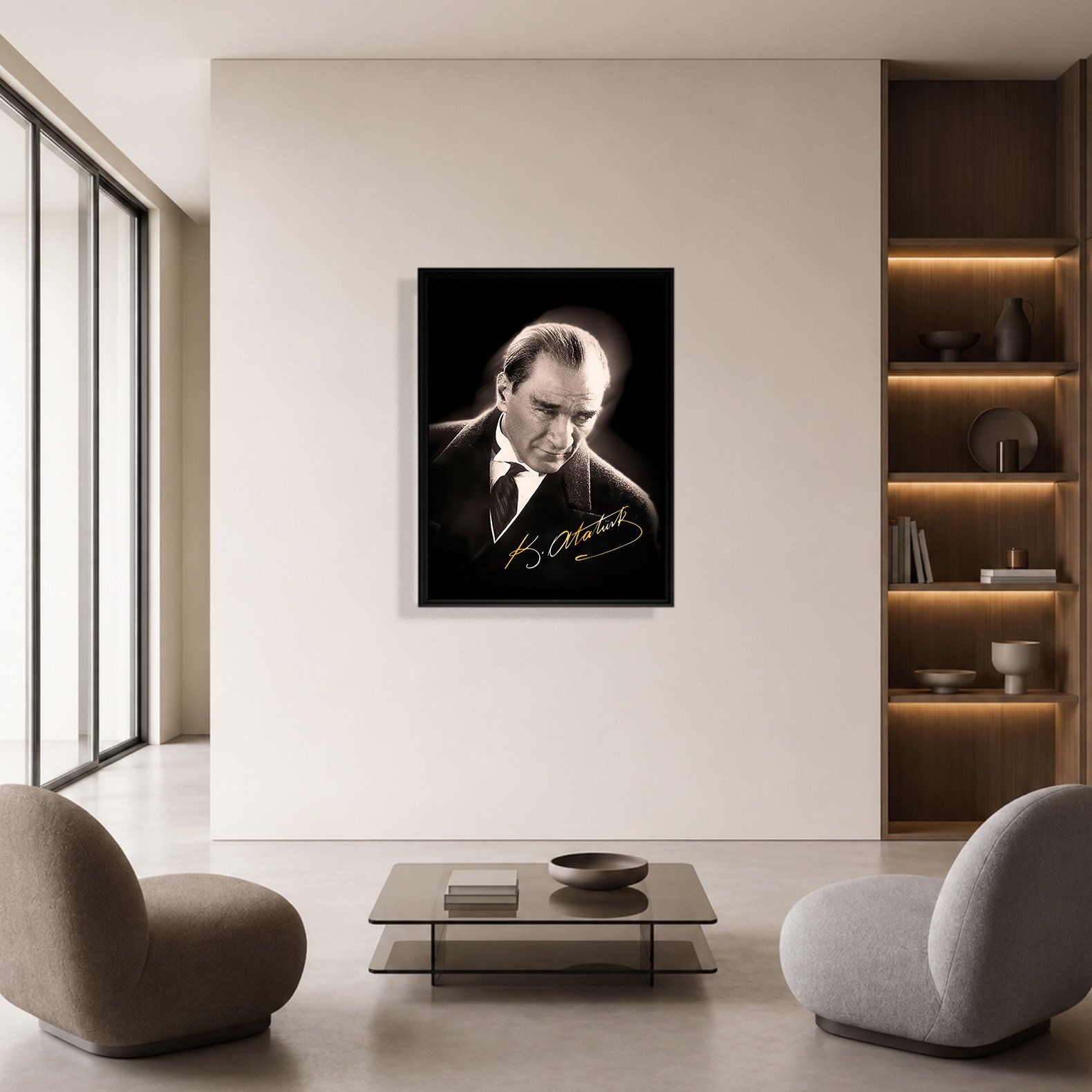 Mustafa Kemal Atatürk Gold İmzalı Siyah Portre Kanvas Tablo – Premium HD Baskı