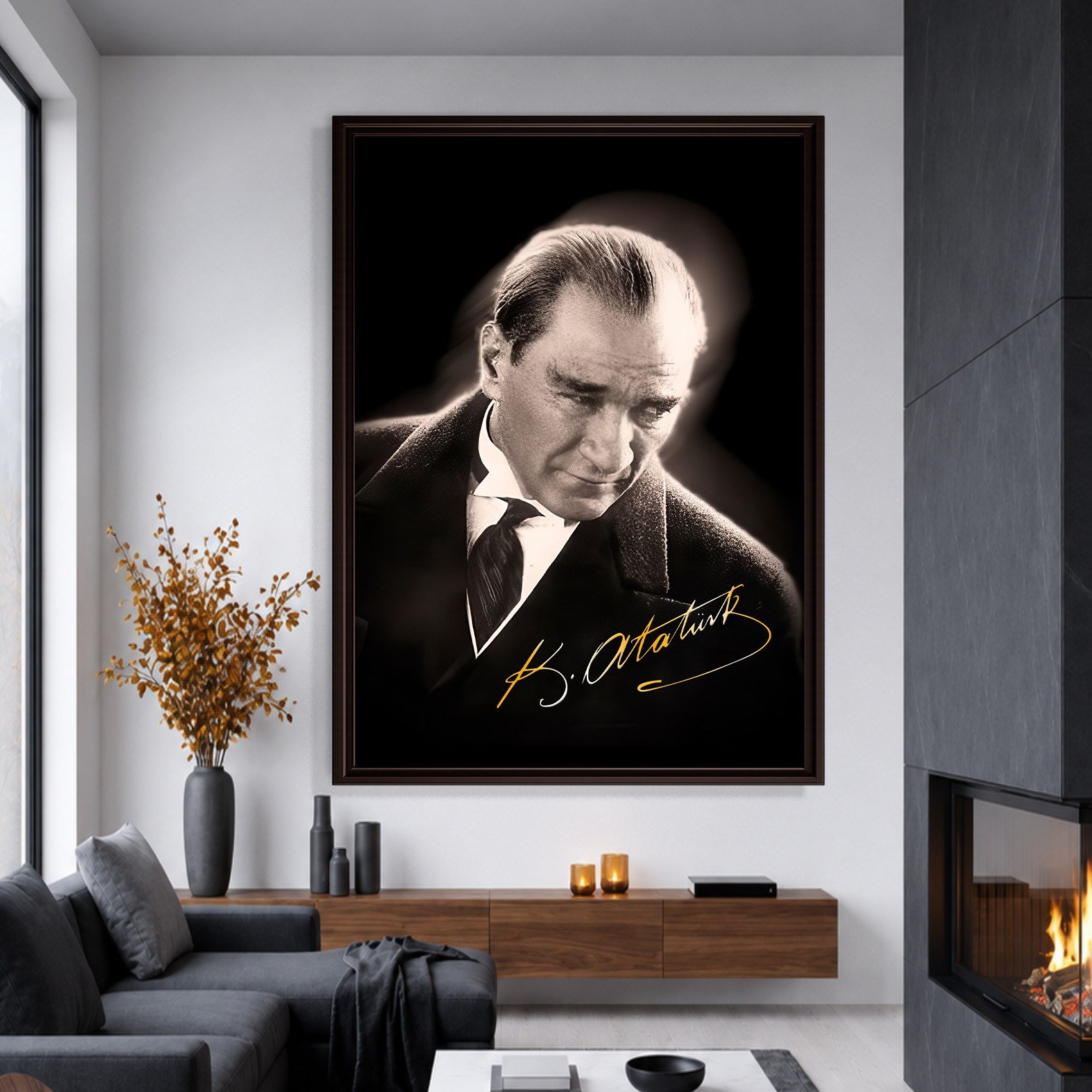 Mustafa Kemal Atatürk Gold İmzalı Siyah Portre Kanvas Tablo – Premium HD Baskı