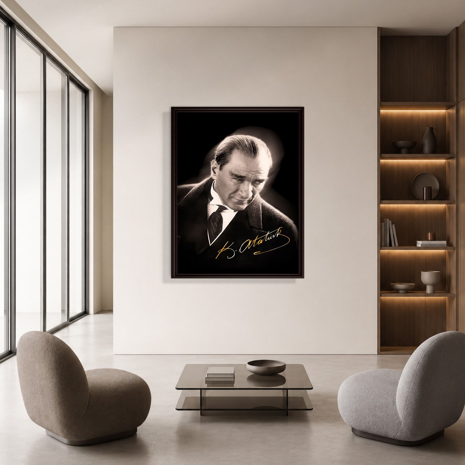 Mustafa Kemal Atatürk Gold İmzalı Siyah Portre Kanvas Tablo – Premium HD Baskı