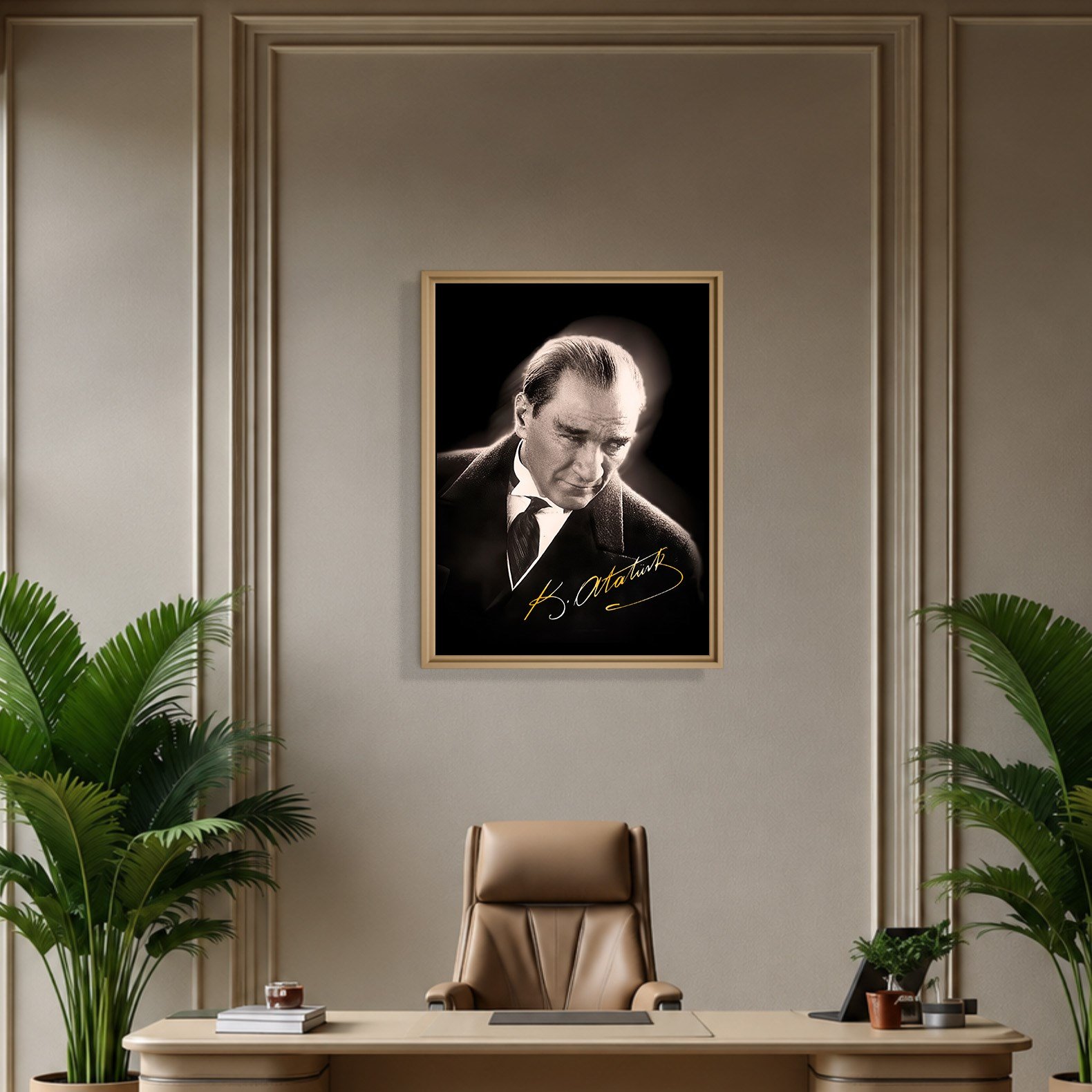 Mustafa Kemal Atatürk Gold İmzalı Siyah Portre Kanvas Tablo – Premium HD Baskı
