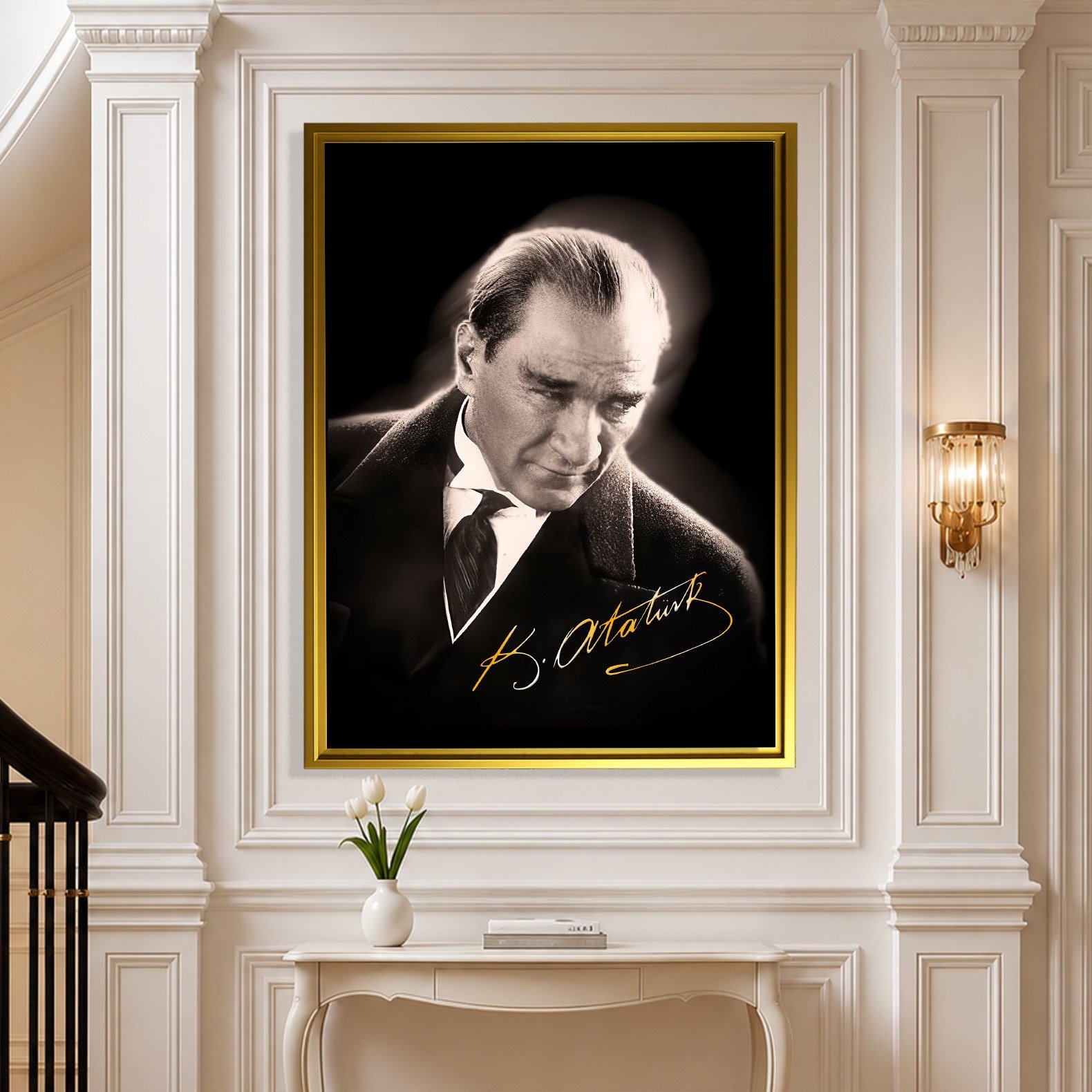 Mustafa Kemal Atatürk Gold İmzalı Siyah Portre Kanvas Tablo – Premium HD Baskı