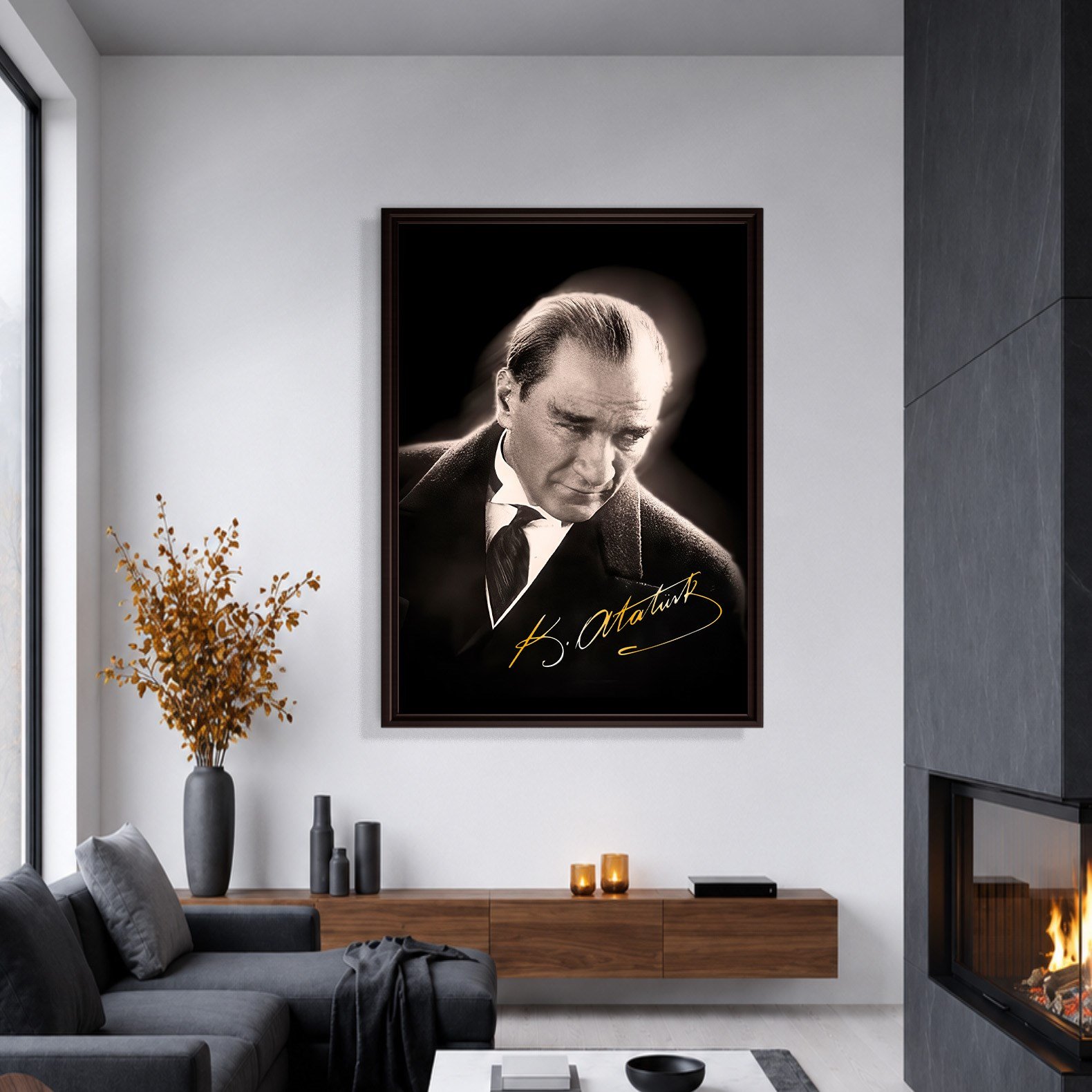 Mustafa Kemal Atatürk Gold İmzalı Siyah Portre Kanvas Tablo – Premium HD Baskı
