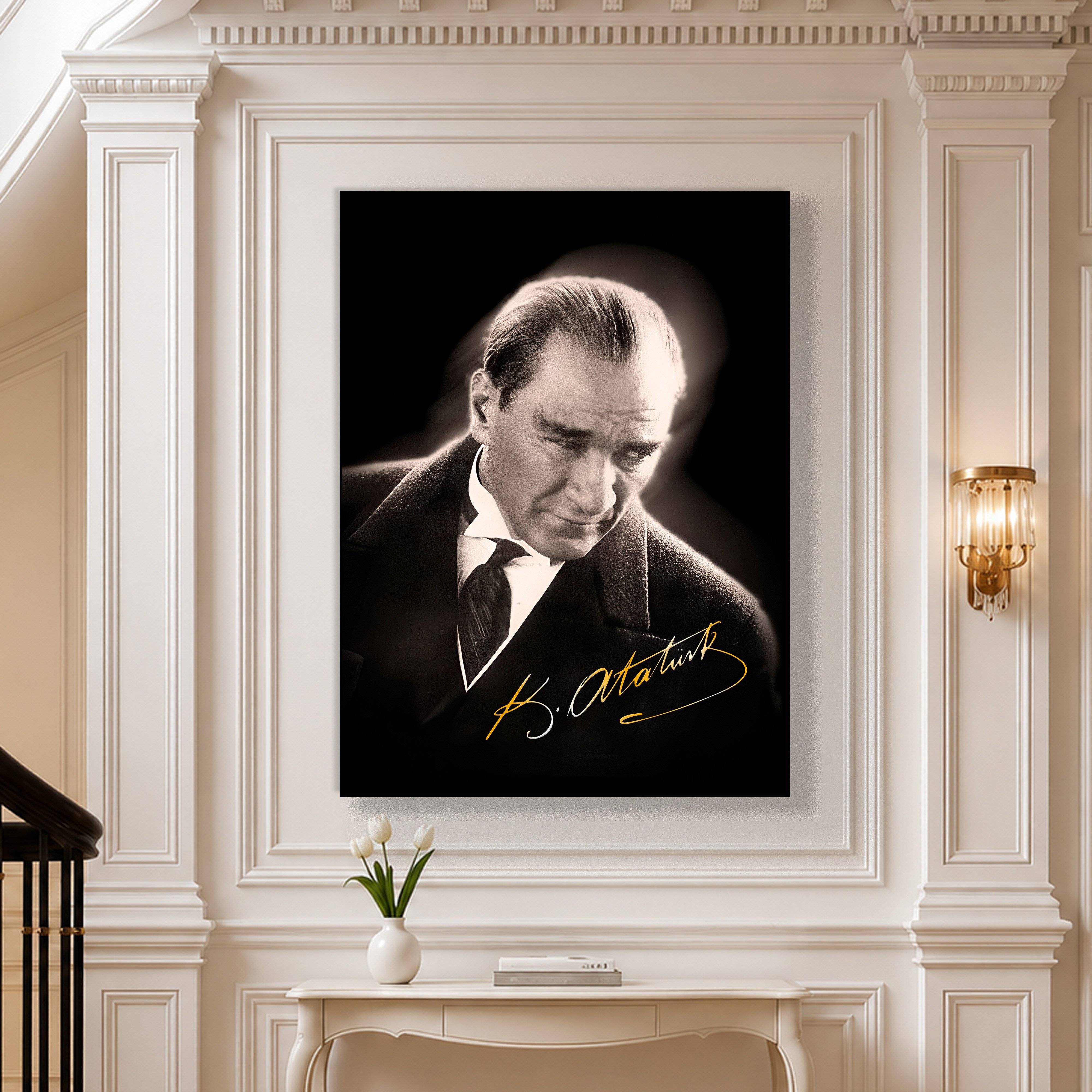Mustafa Kemal Atatürk Gold İmzalı Siyah Portre Kanvas Tablo – Premium HD Baskı