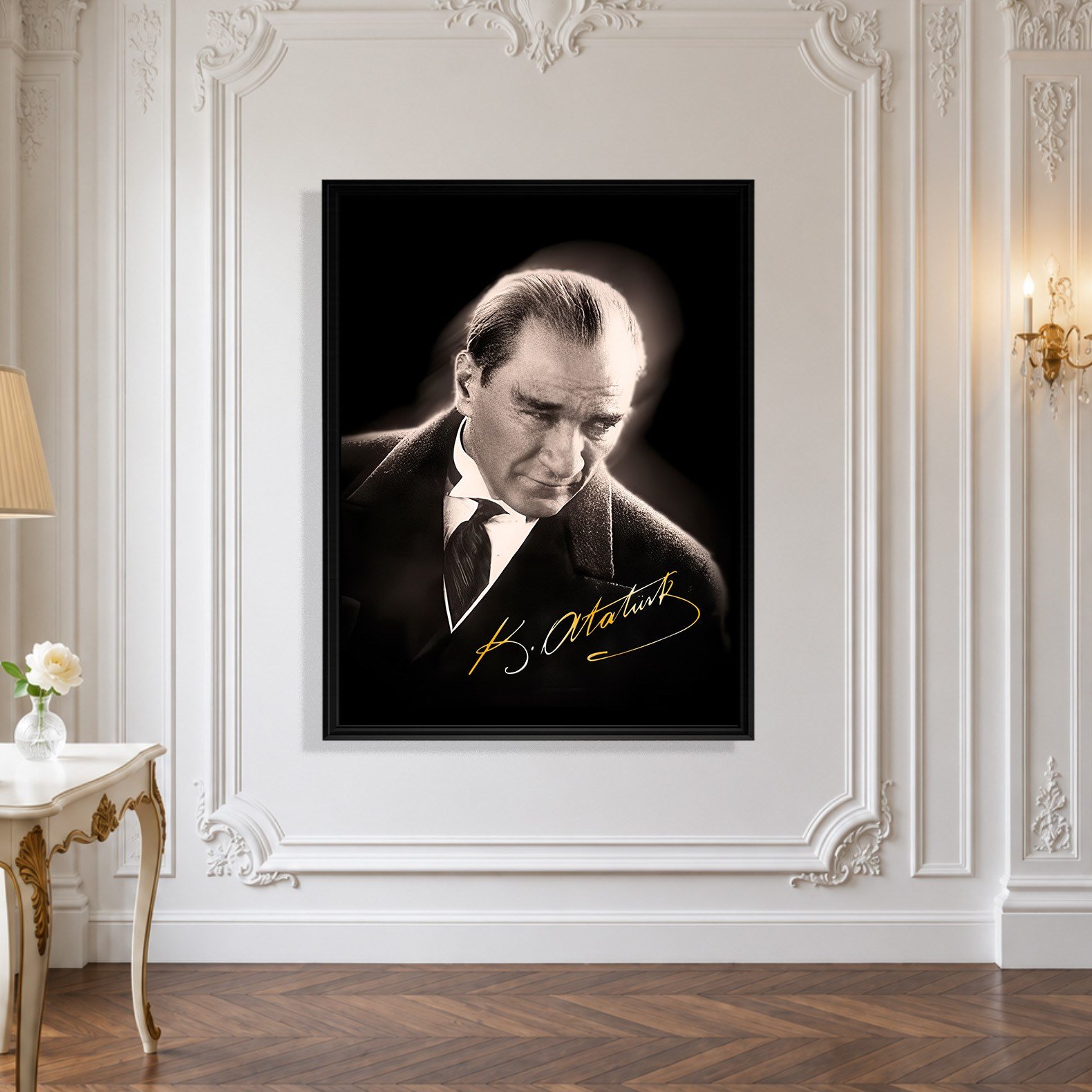 Mustafa Kemal Atatürk Gold İmzalı Siyah Portre Kanvas Tablo – Premium HD Baskı