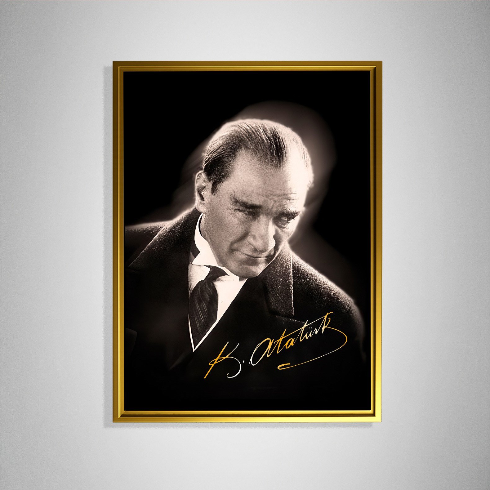 Mustafa Kemal Atatürk Gold İmzalı Siyah Portre Kanvas Tablo – Premium HD Baskı