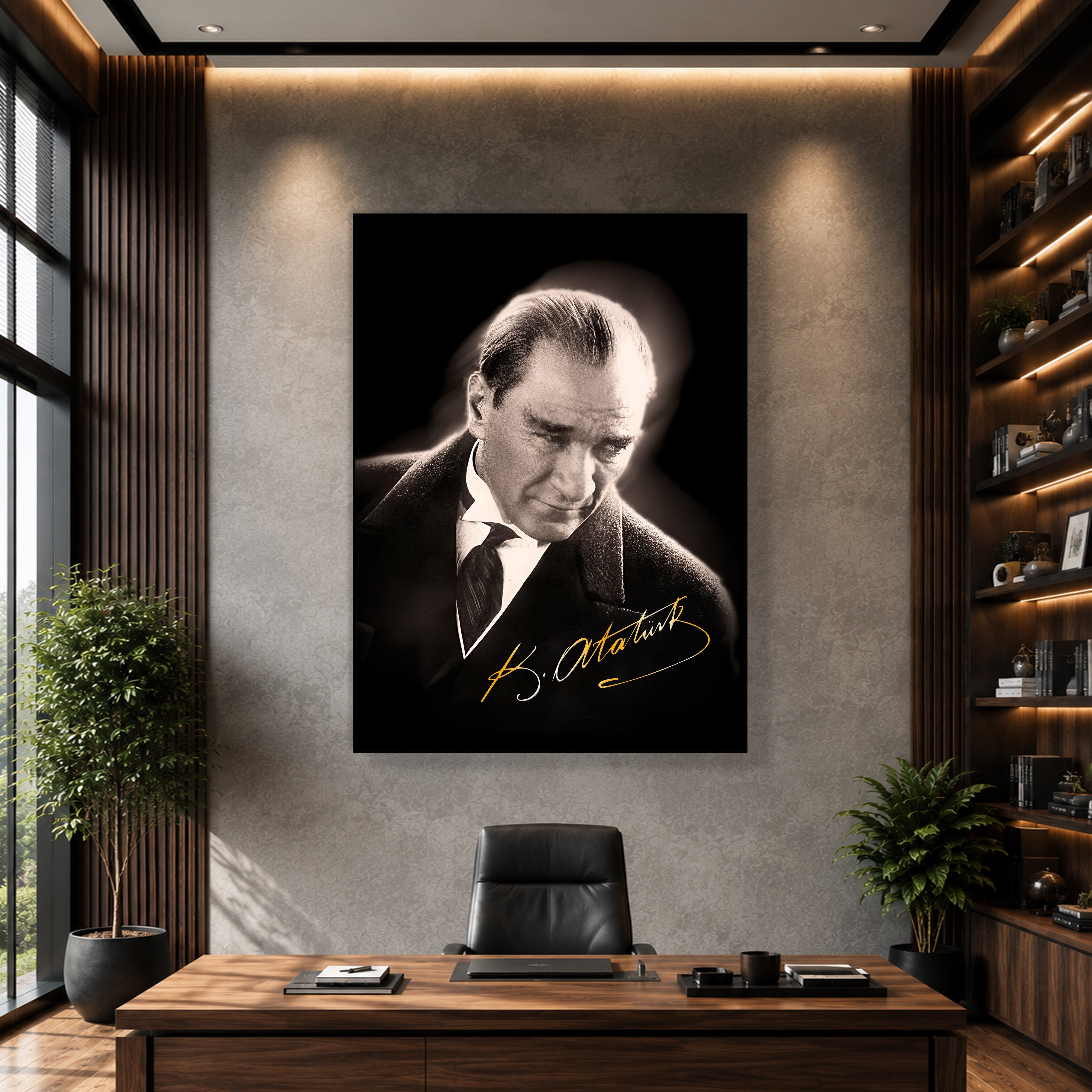 Mustafa Kemal Atatürk Gold İmzalı Siyah Portre Kanvas Tablo – Premium HD Baskı