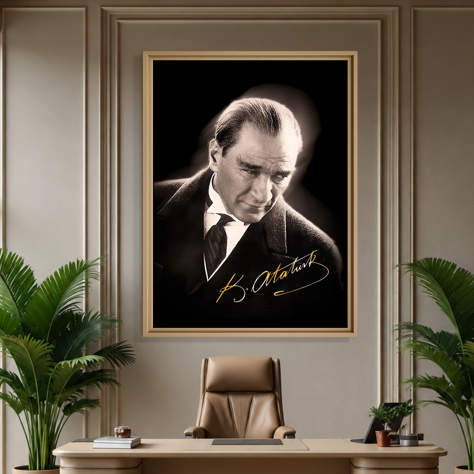 Mustafa Kemal Atatürk Gold İmzalı Siyah Portre Kanvas Tablo – Premium HD Baskı