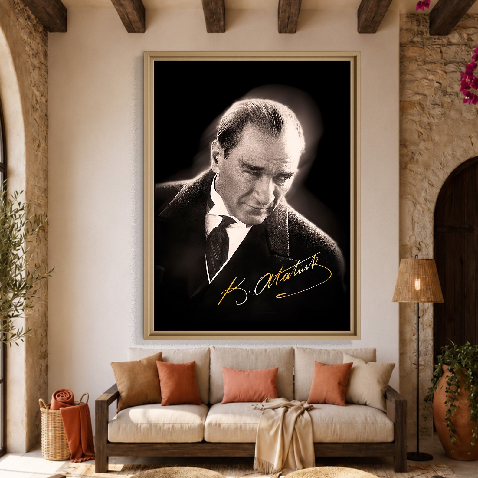 Mustafa Kemal Atatürk Gold İmzalı Siyah Portre Kanvas Tablo – Premium HD Baskı