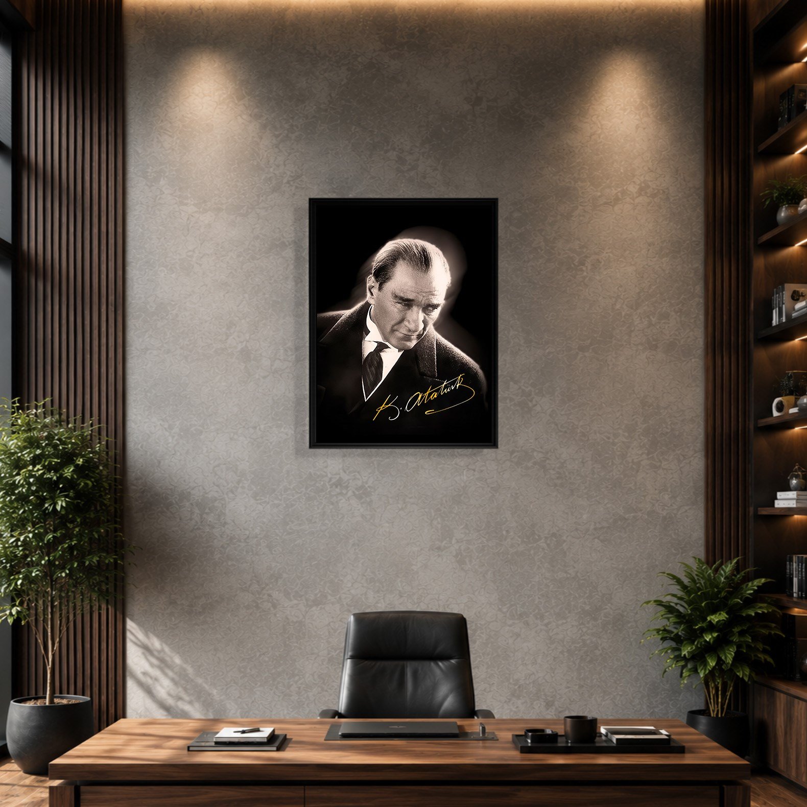 Mustafa Kemal Atatürk Gold İmzalı Siyah Portre Kanvas Tablo – Premium HD Baskı