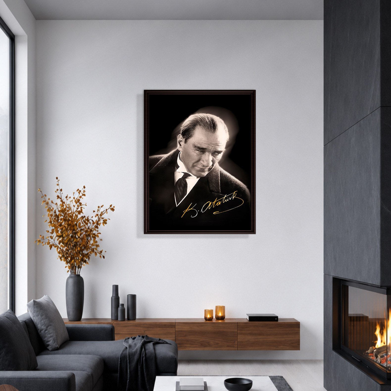 Mustafa Kemal Atatürk Gold İmzalı Siyah Portre Kanvas Tablo – Premium HD Baskı