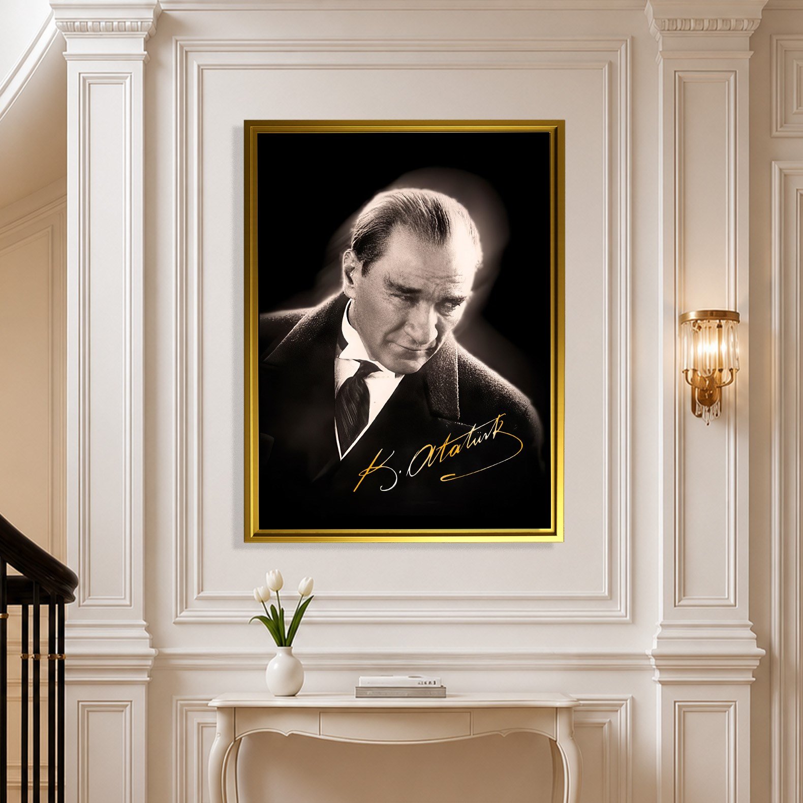 Mustafa Kemal Atatürk Gold İmzalı Siyah Portre Kanvas Tablo – Premium HD Baskı