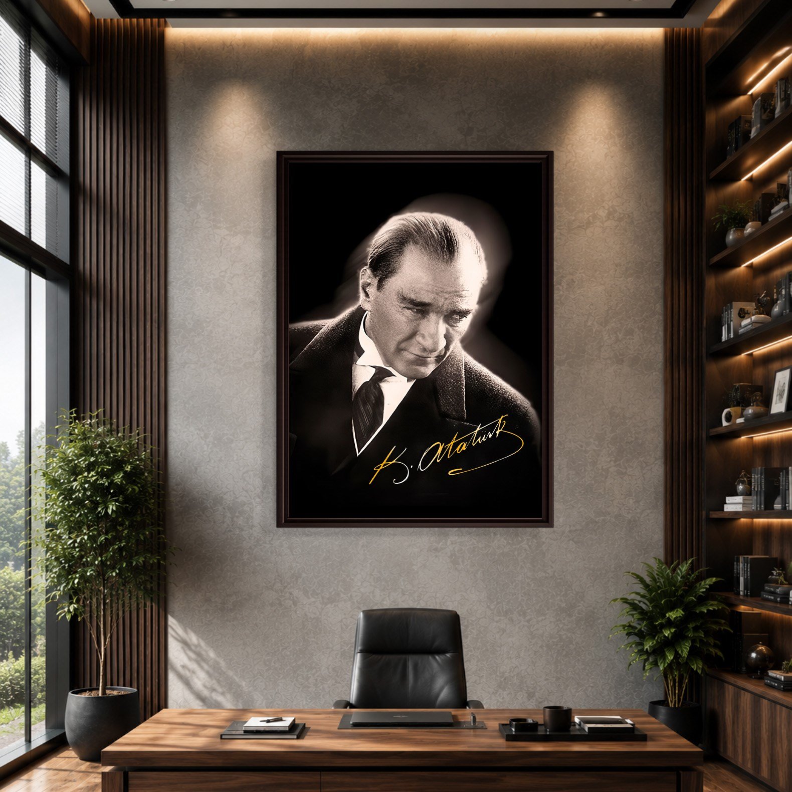 Mustafa Kemal Atatürk Gold İmzalı Siyah Portre Kanvas Tablo – Premium HD Baskı