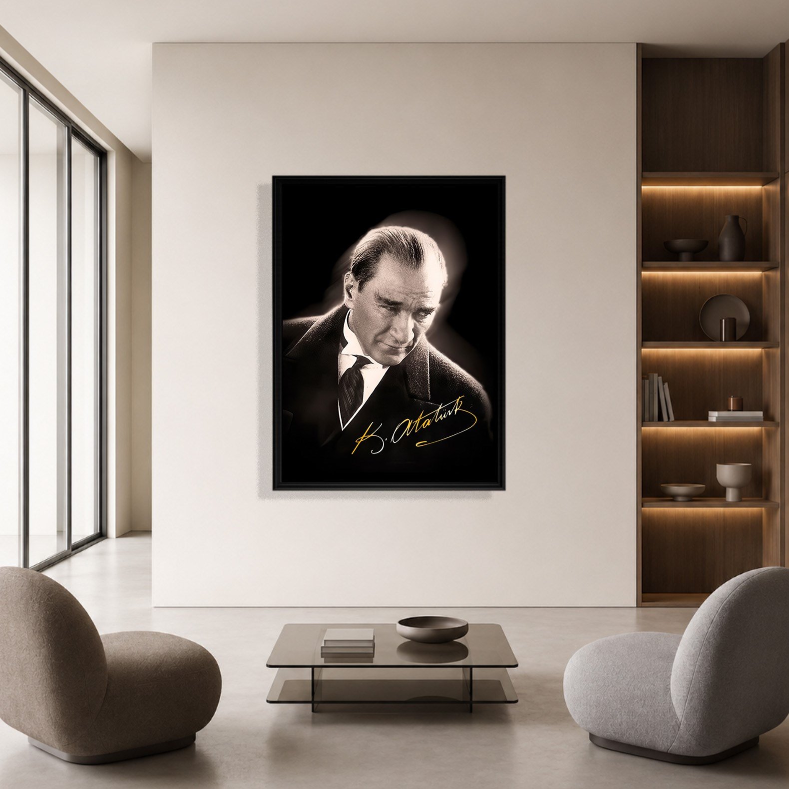 Mustafa Kemal Atatürk Gold İmzalı Siyah Portre Kanvas Tablo – Premium HD Baskı
