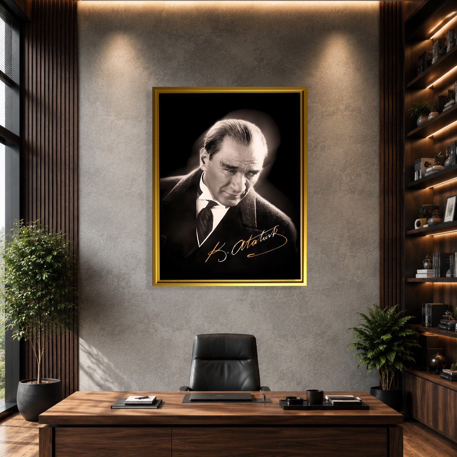 Mustafa Kemal Atatürk Gold İmzalı Siyah Portre Kanvas Tablo – Premium HD Baskı