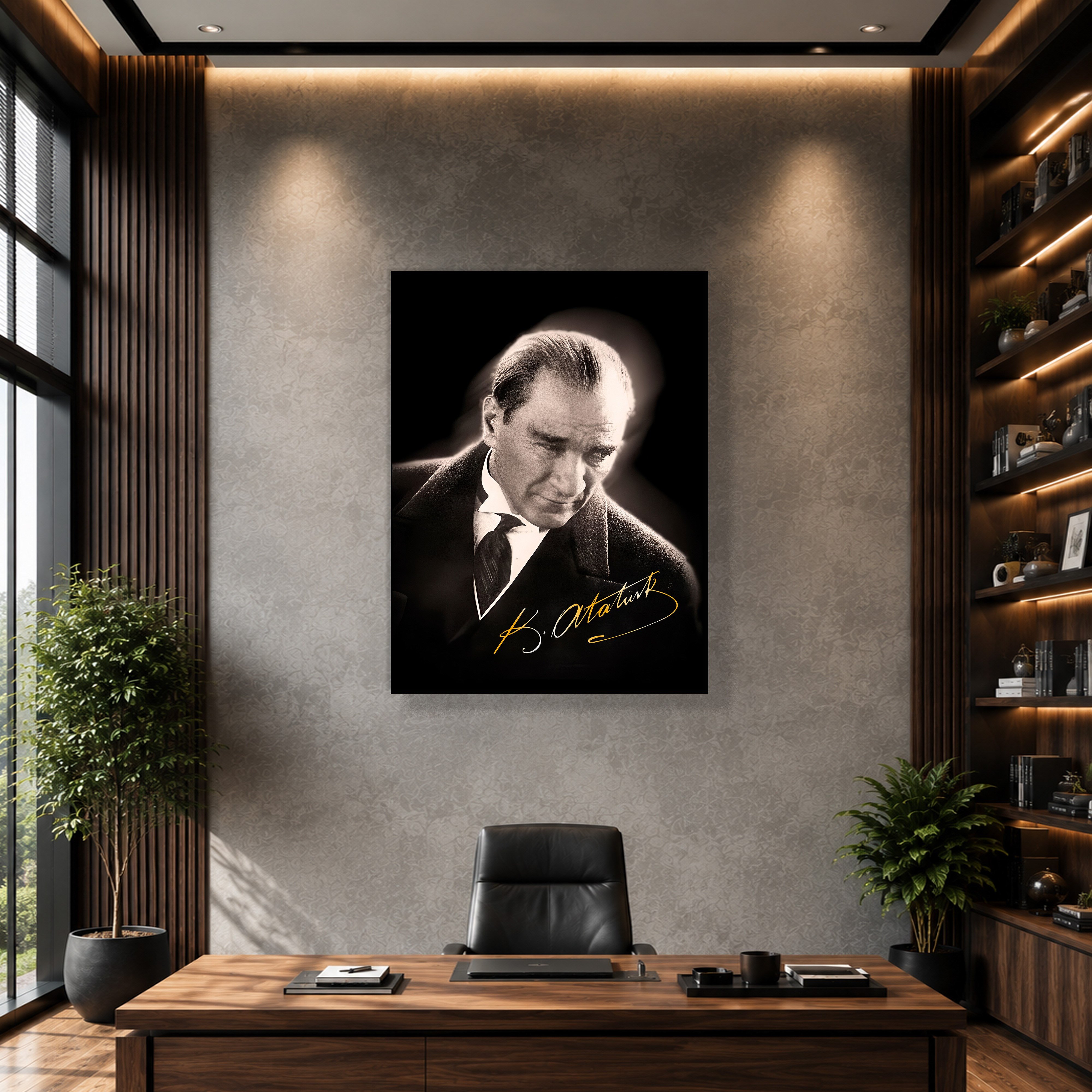 Mustafa Kemal Atatürk Gold İmzalı Siyah Portre Kanvas Tablo – Premium HD Baskı