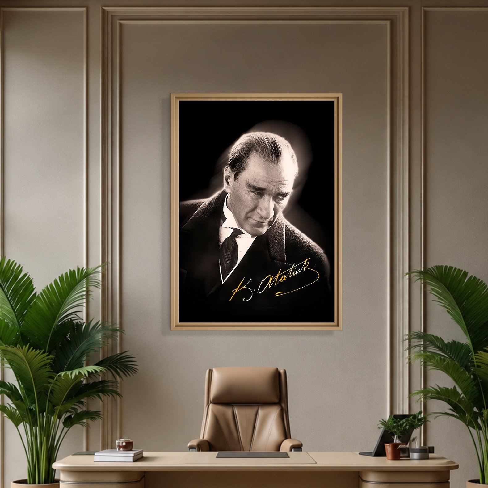 Mustafa Kemal Atatürk Gold İmzalı Siyah Portre Kanvas Tablo – Premium HD Baskı