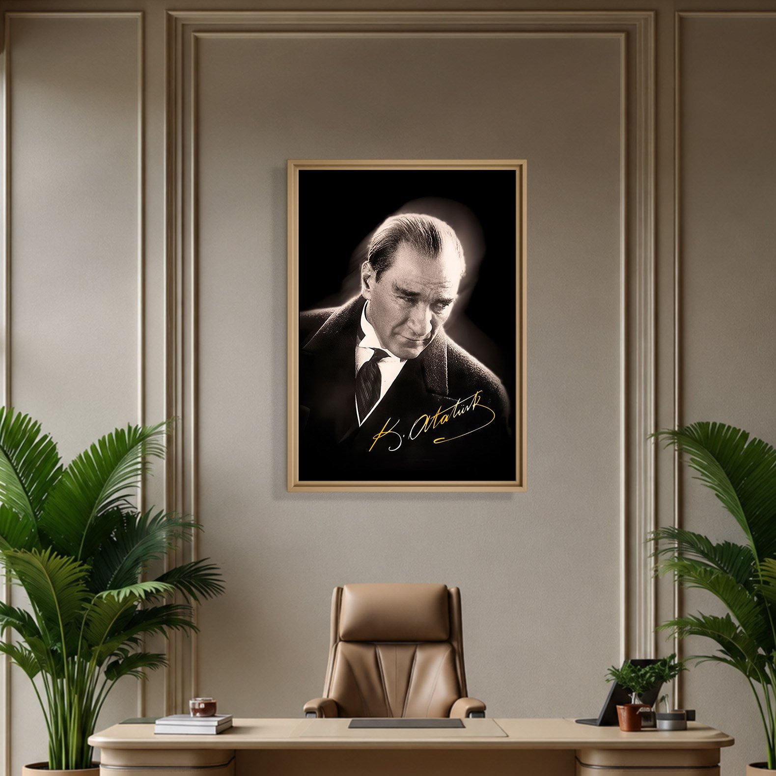 Mustafa Kemal Atatürk Gold İmzalı Siyah Portre Kanvas Tablo – Premium HD Baskı