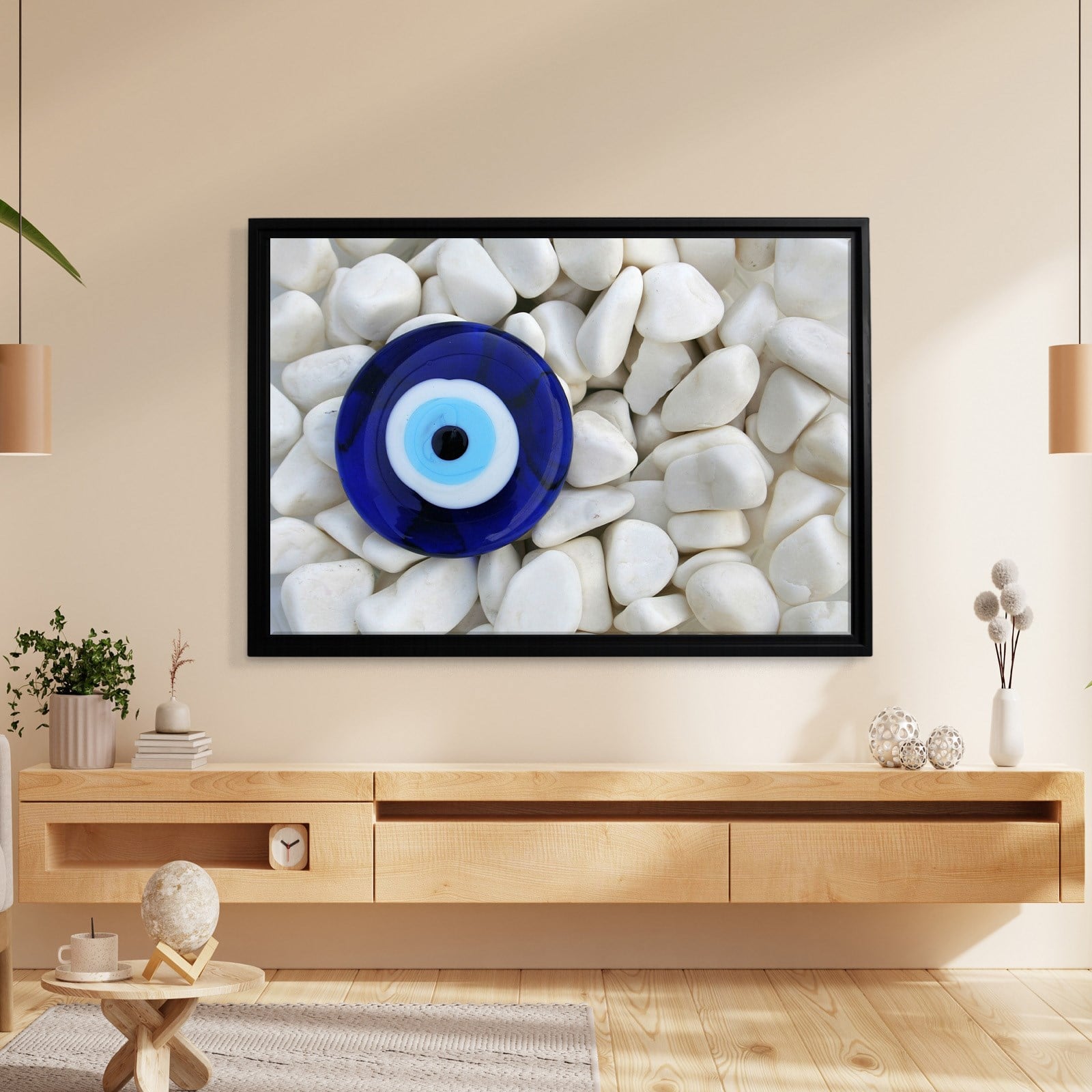 Nazar Boncuğu Kanvas Tablo | Beyaz Doğal Taşlar Üzerinde Mavi Nazar Duvar Tablosu