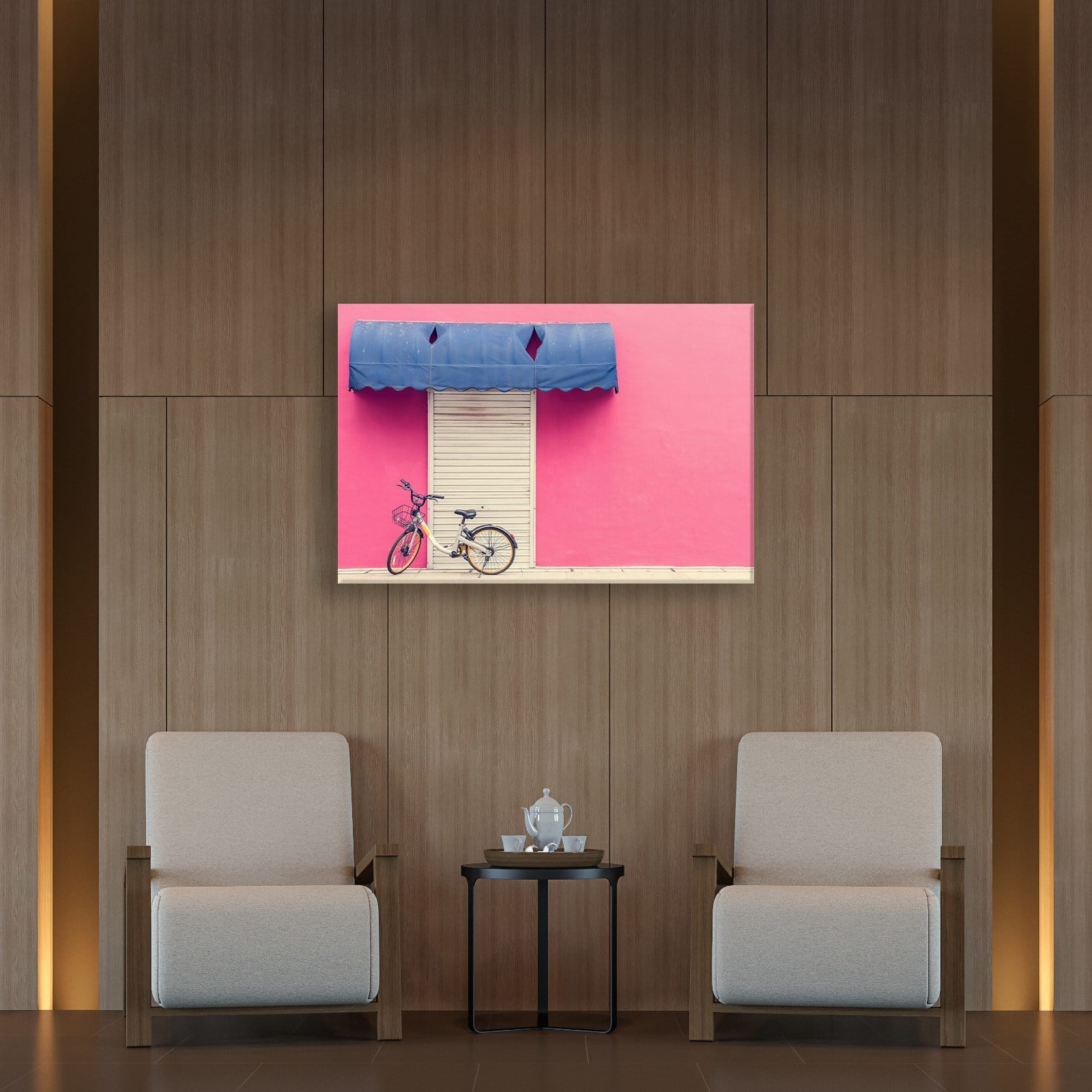 Pembe Duvar ve Bisiklet Kanvas Tablo | Minimal Şehir Fotoğrafı Duvar Dekoru