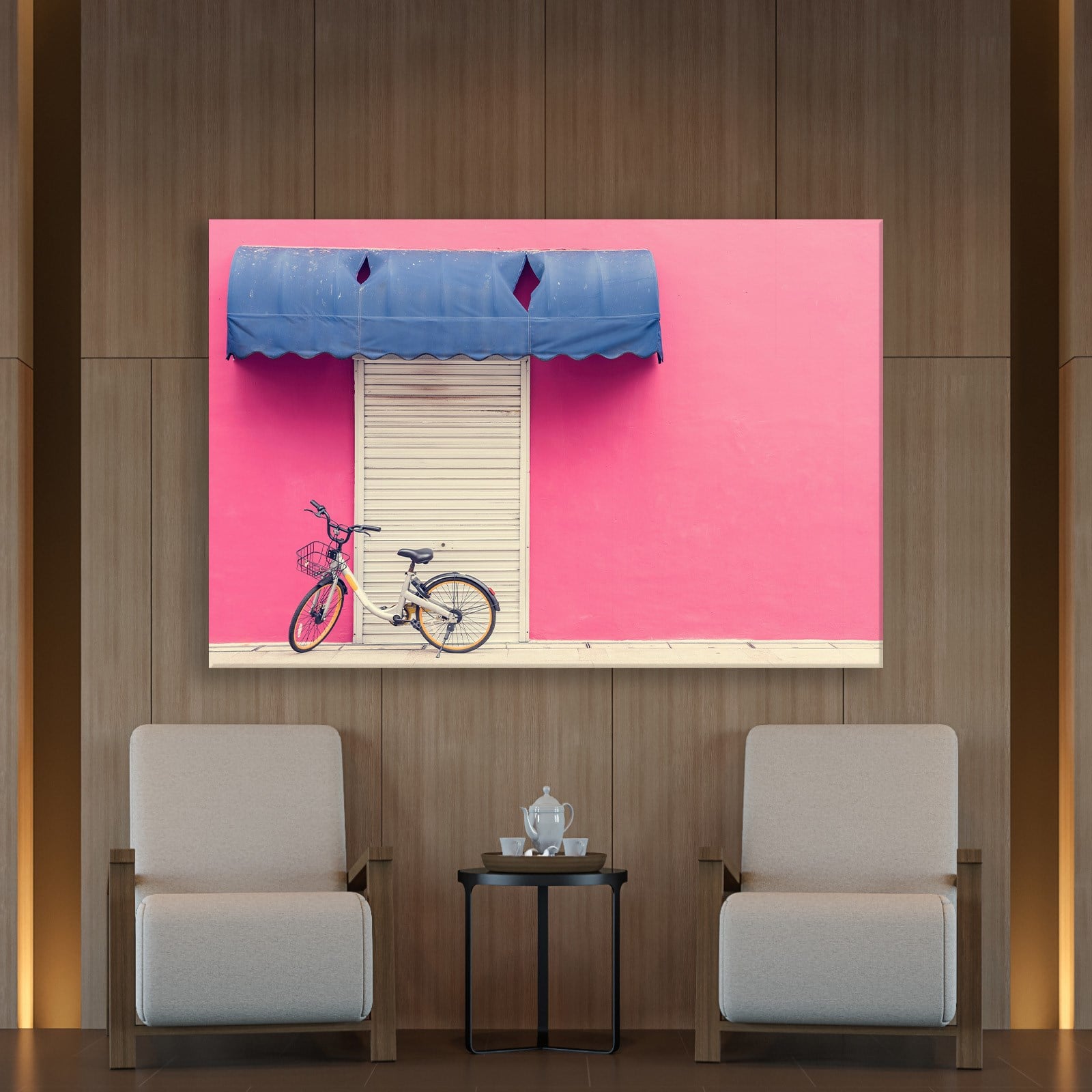 Pembe Duvar ve Bisiklet Kanvas Tablo | Minimal Şehir Fotoğrafı Duvar Dekoru