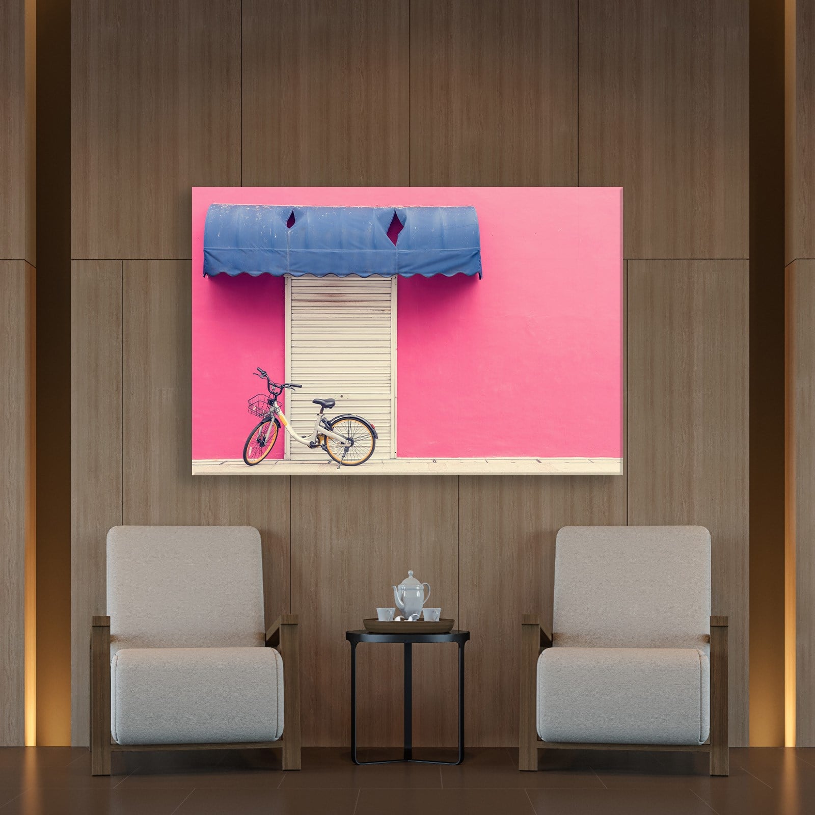 Pembe Duvar ve Bisiklet Kanvas Tablo | Minimal Şehir Fotoğrafı Duvar Dekoru