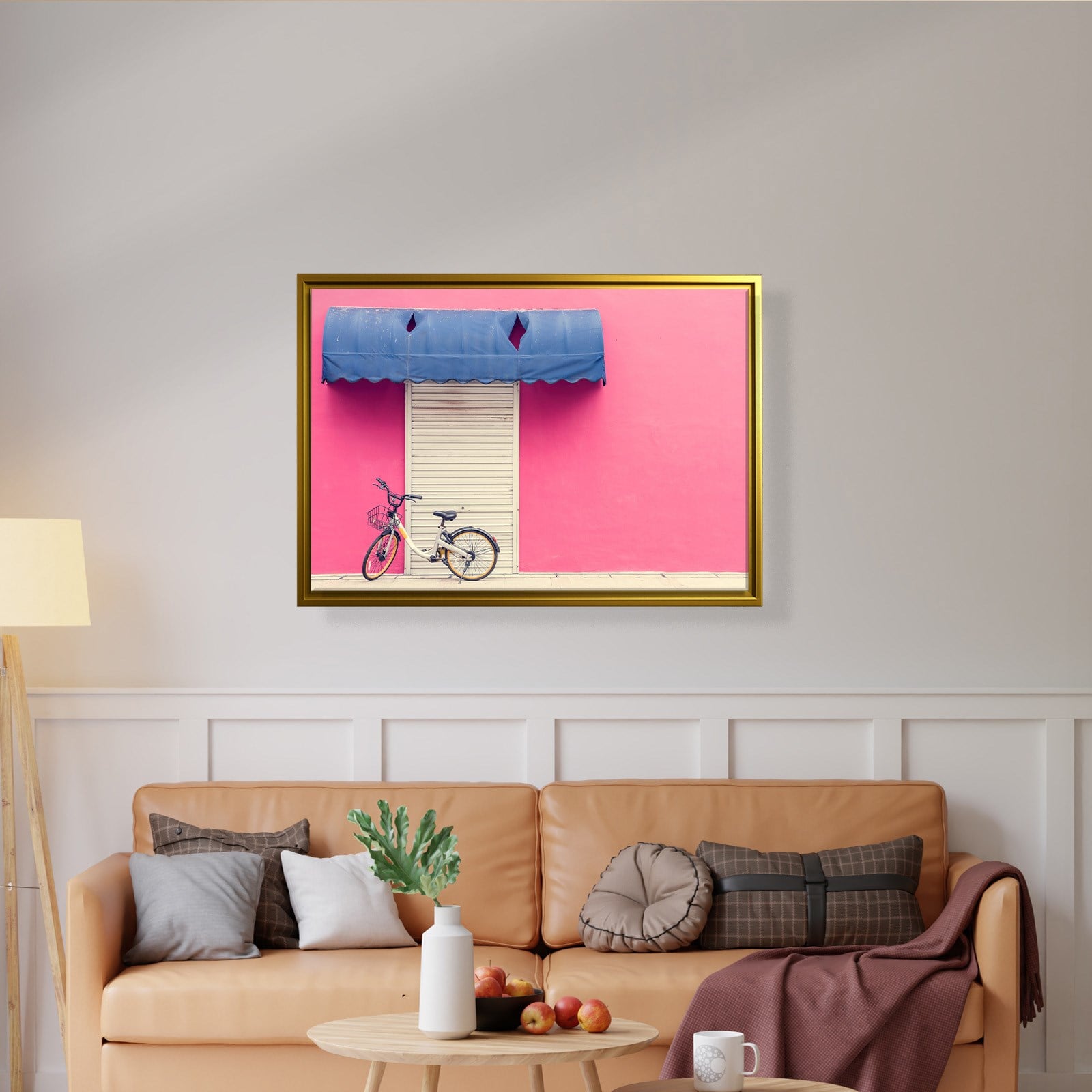Pembe Duvar ve Bisiklet Kanvas Tablo | Minimal Şehir Fotoğrafı Duvar Dekoru