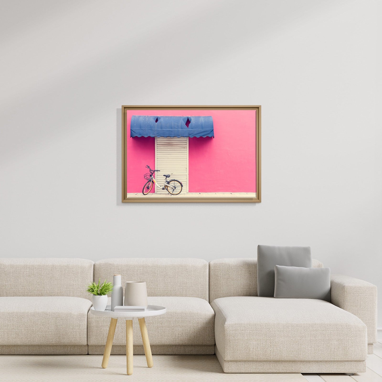 Pembe Duvar ve Bisiklet Kanvas Tablo | Minimal Şehir Fotoğrafı Duvar Dekoru