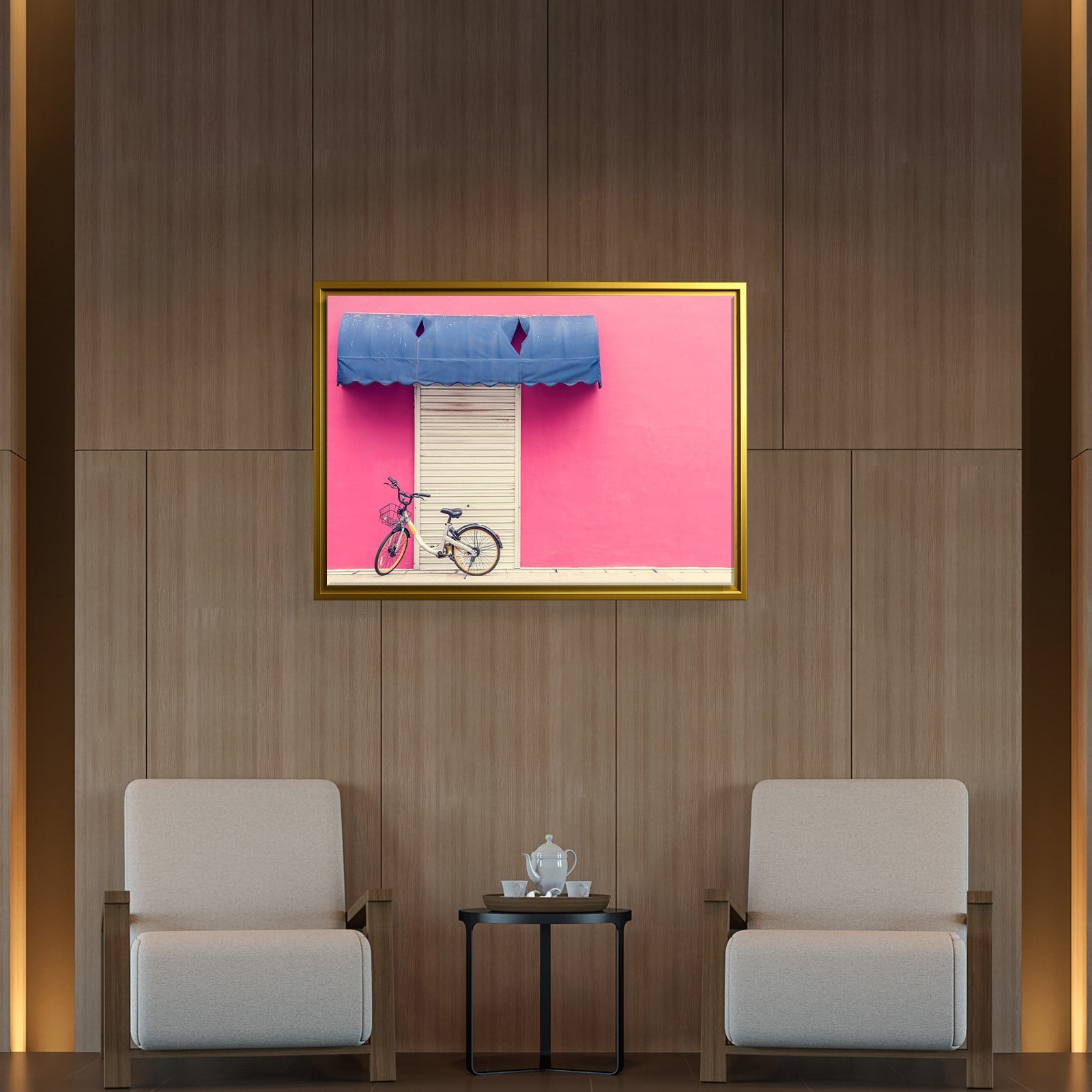 Pembe Duvar ve Bisiklet Kanvas Tablo | Minimal Şehir Fotoğrafı Duvar Dekoru