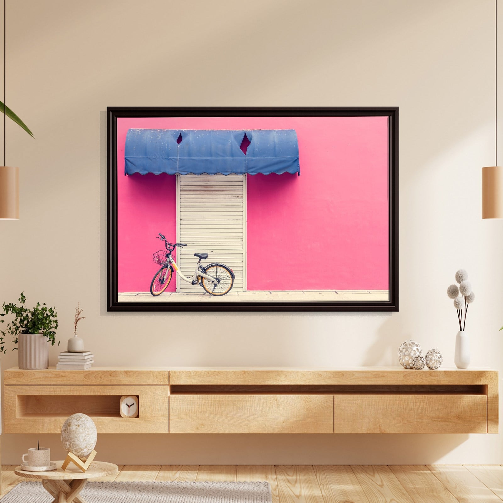 Pembe Duvar ve Bisiklet Kanvas Tablo | Minimal Şehir Fotoğrafı Duvar Dekoru