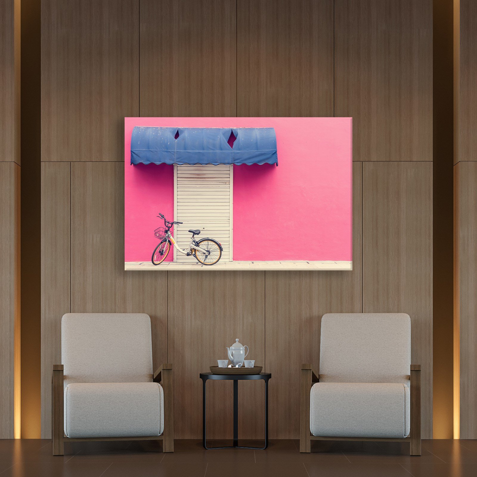 Pembe Duvar ve Bisiklet Kanvas Tablo | Minimal Şehir Fotoğrafı Duvar Dekoru