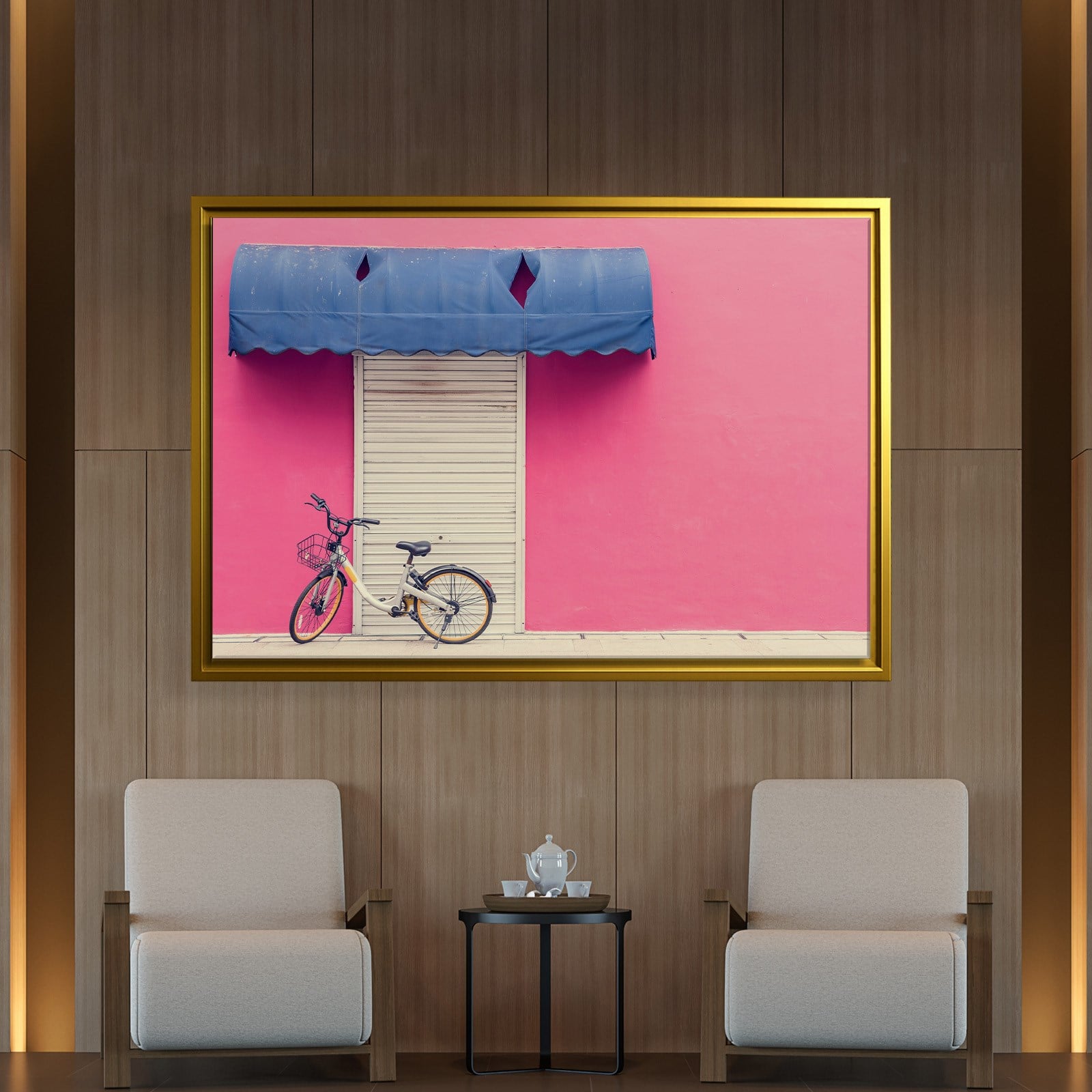 Pembe Duvar ve Bisiklet Kanvas Tablo | Minimal Şehir Fotoğrafı Duvar Dekoru