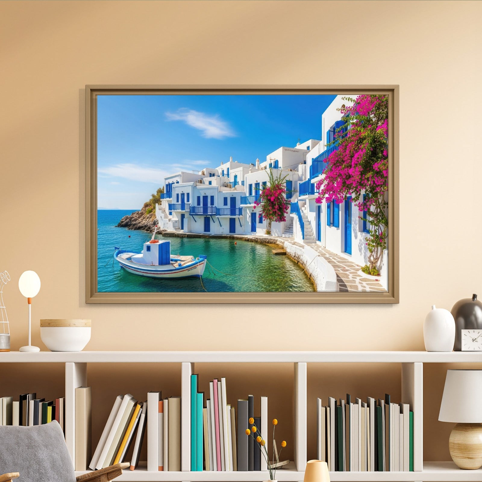 Santorini Limanı Kanvas Tablo | Mavi Beyaz Evler, Tekne ve Begonvil Deniz Manzarası