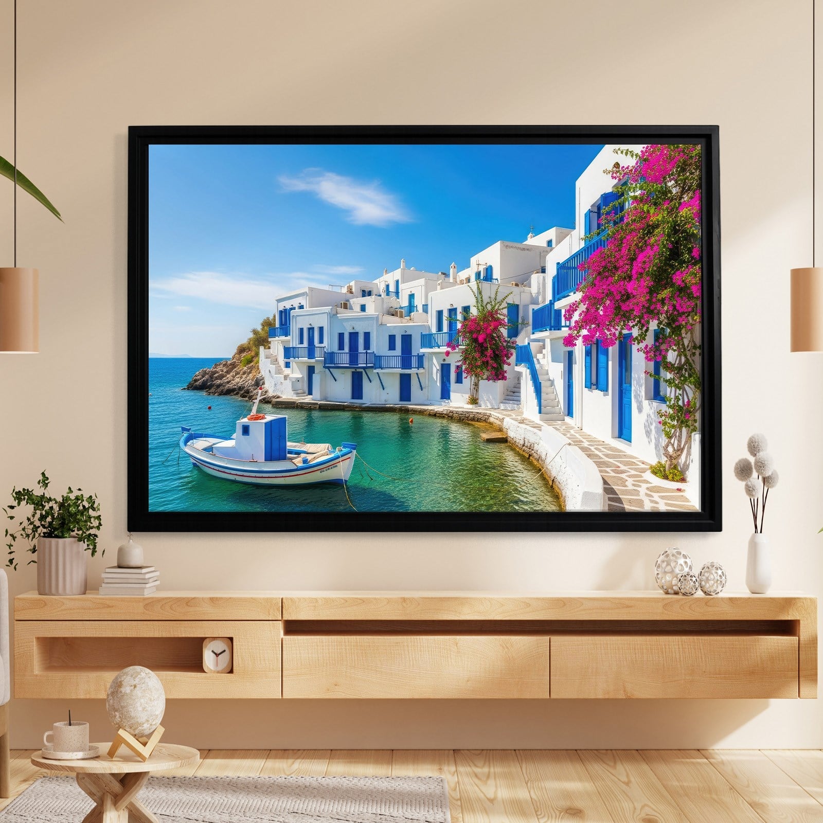 Santorini Limanı Kanvas Tablo | Mavi Beyaz Evler, Tekne ve Begonvil Deniz Manzarası