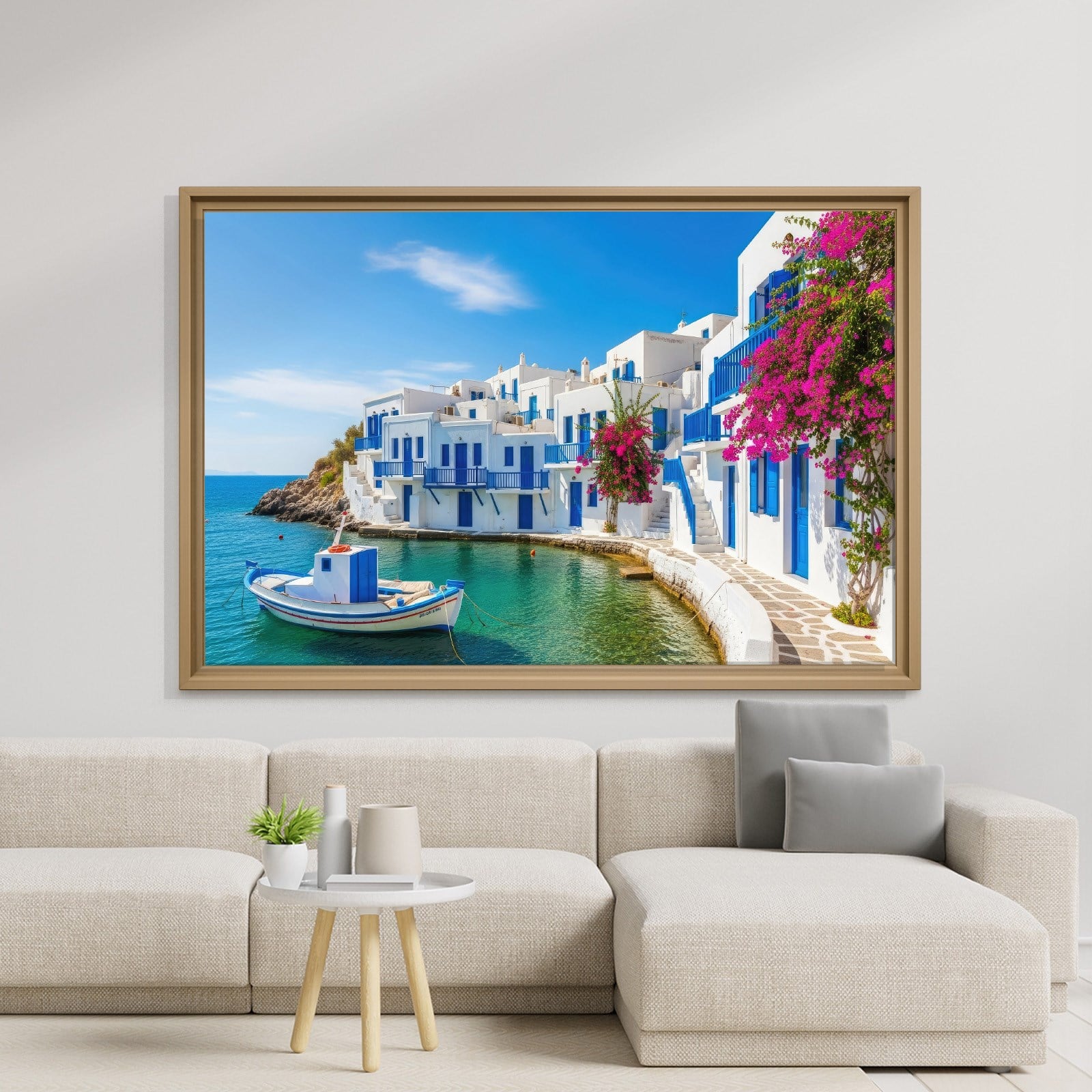 Santorini Limanı Kanvas Tablo | Mavi Beyaz Evler, Tekne ve Begonvil Deniz Manzarası