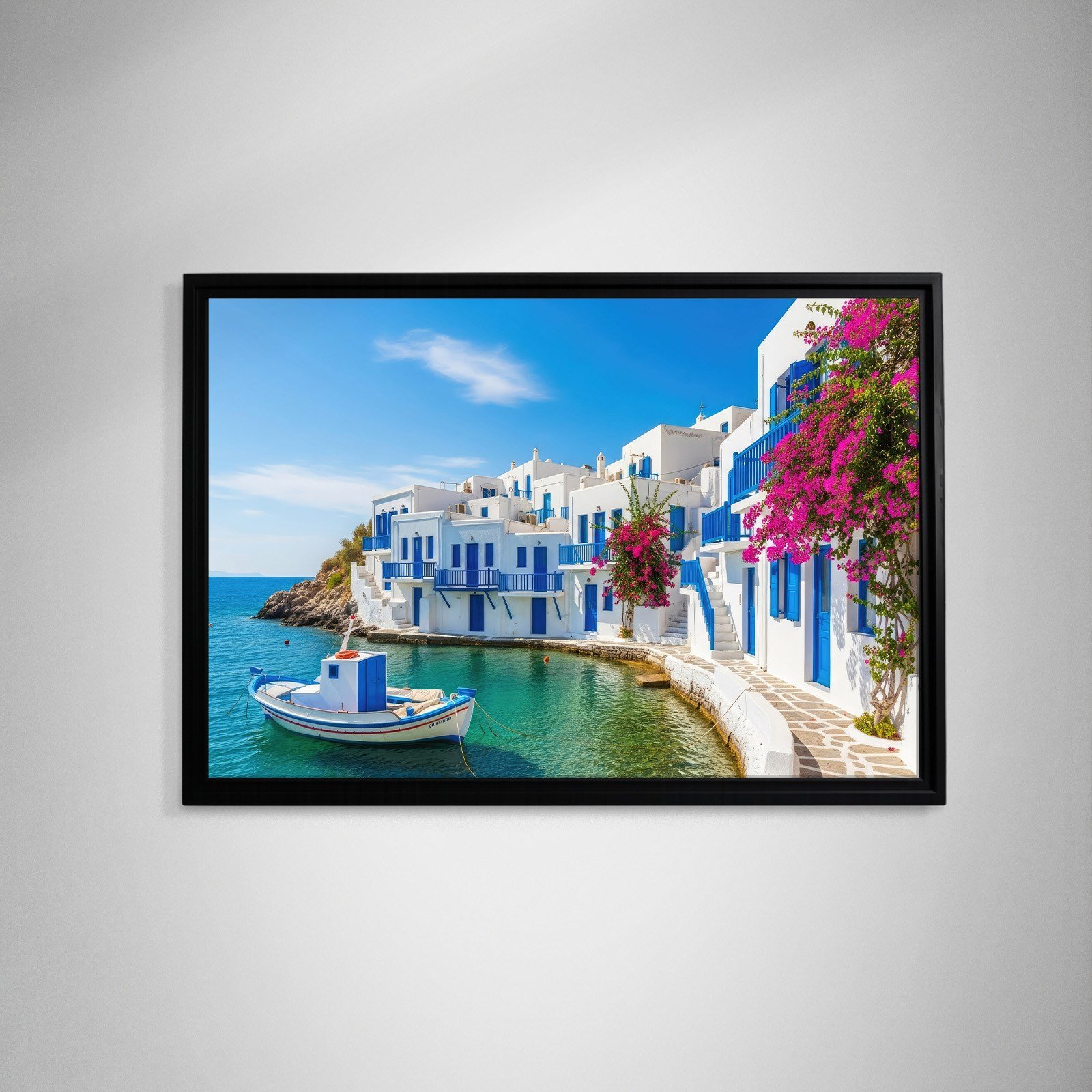 Santorini Limanı Kanvas Tablo | Mavi Beyaz Evler, Tekne ve Begonvil Deniz Manzarası