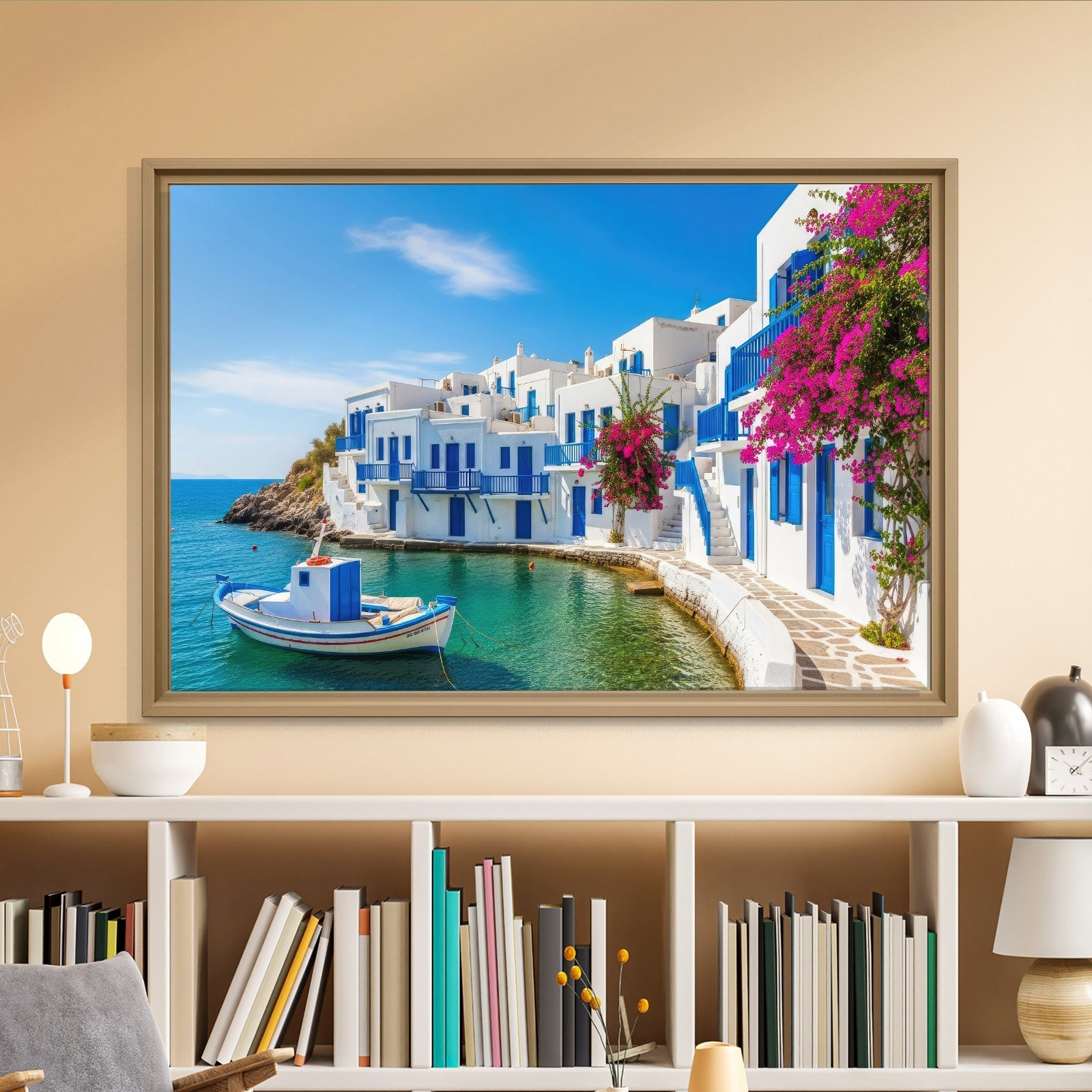 Santorini Limanı Kanvas Tablo | Mavi Beyaz Evler, Tekne ve Begonvil Deniz Manzarası