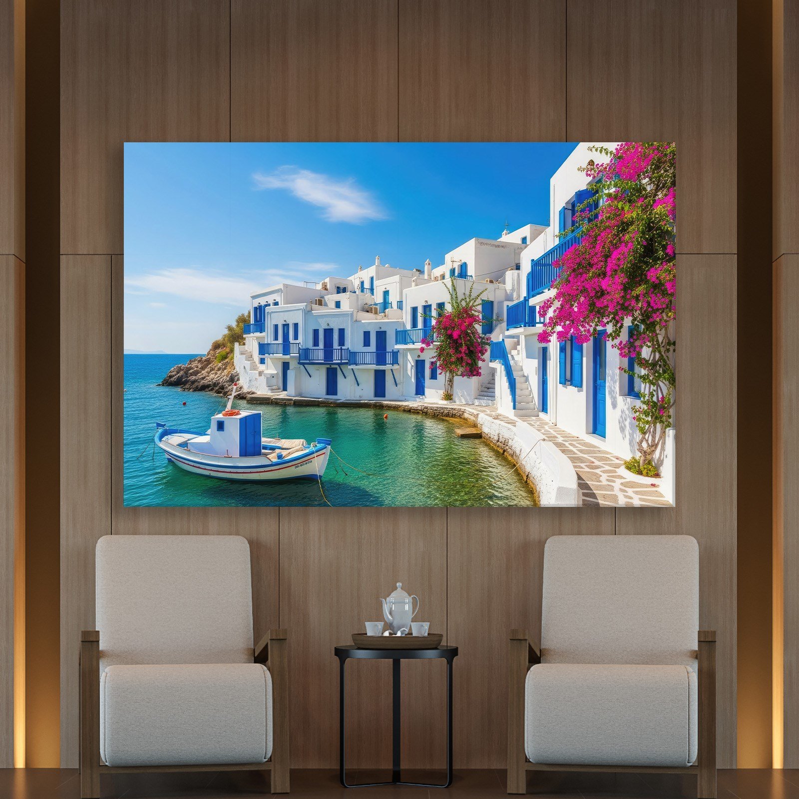 Santorini Limanı Kanvas Tablo | Mavi Beyaz Evler, Tekne ve Begonvil Deniz Manzarası