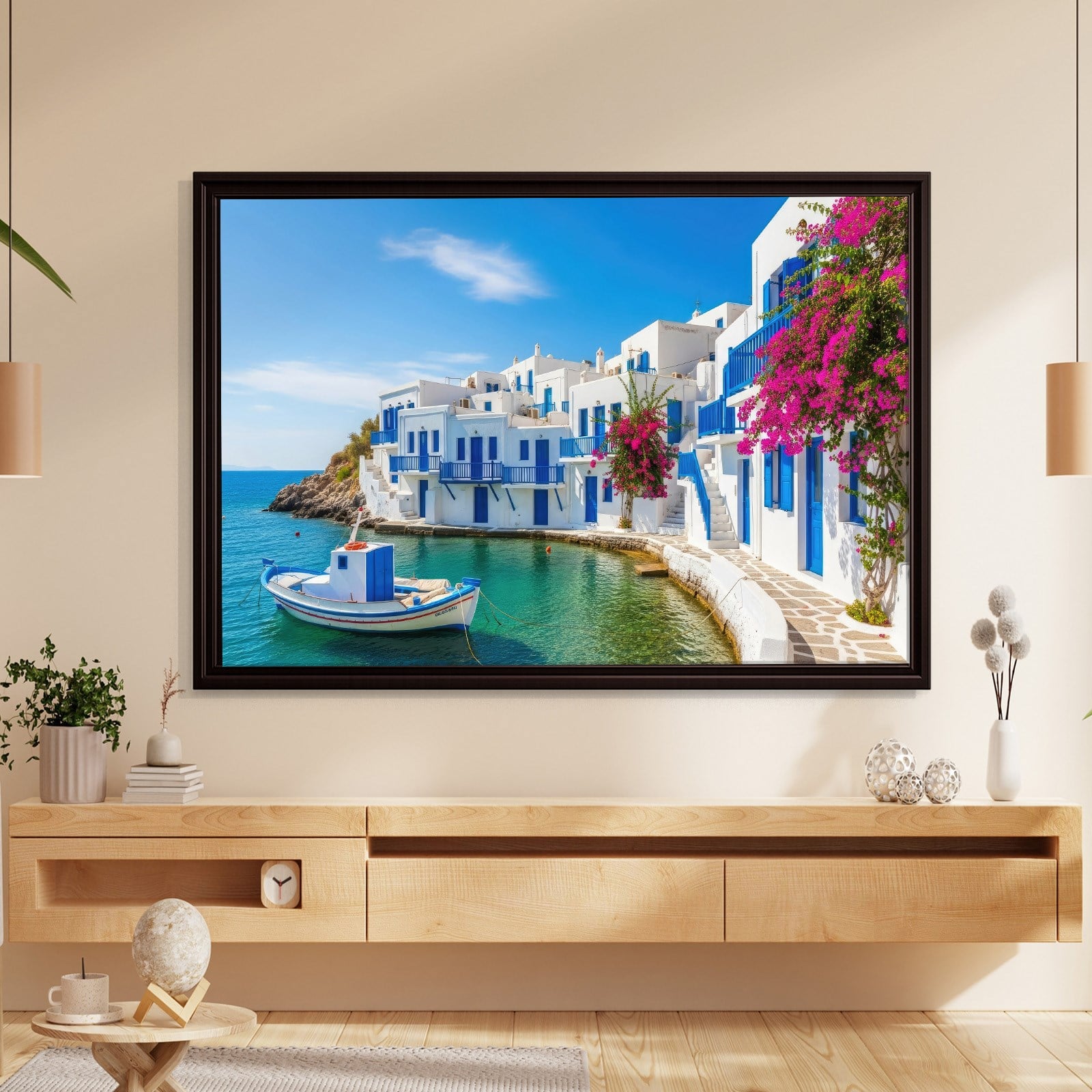 Santorini Limanı Kanvas Tablo | Mavi Beyaz Evler, Tekne ve Begonvil Deniz Manzarası
